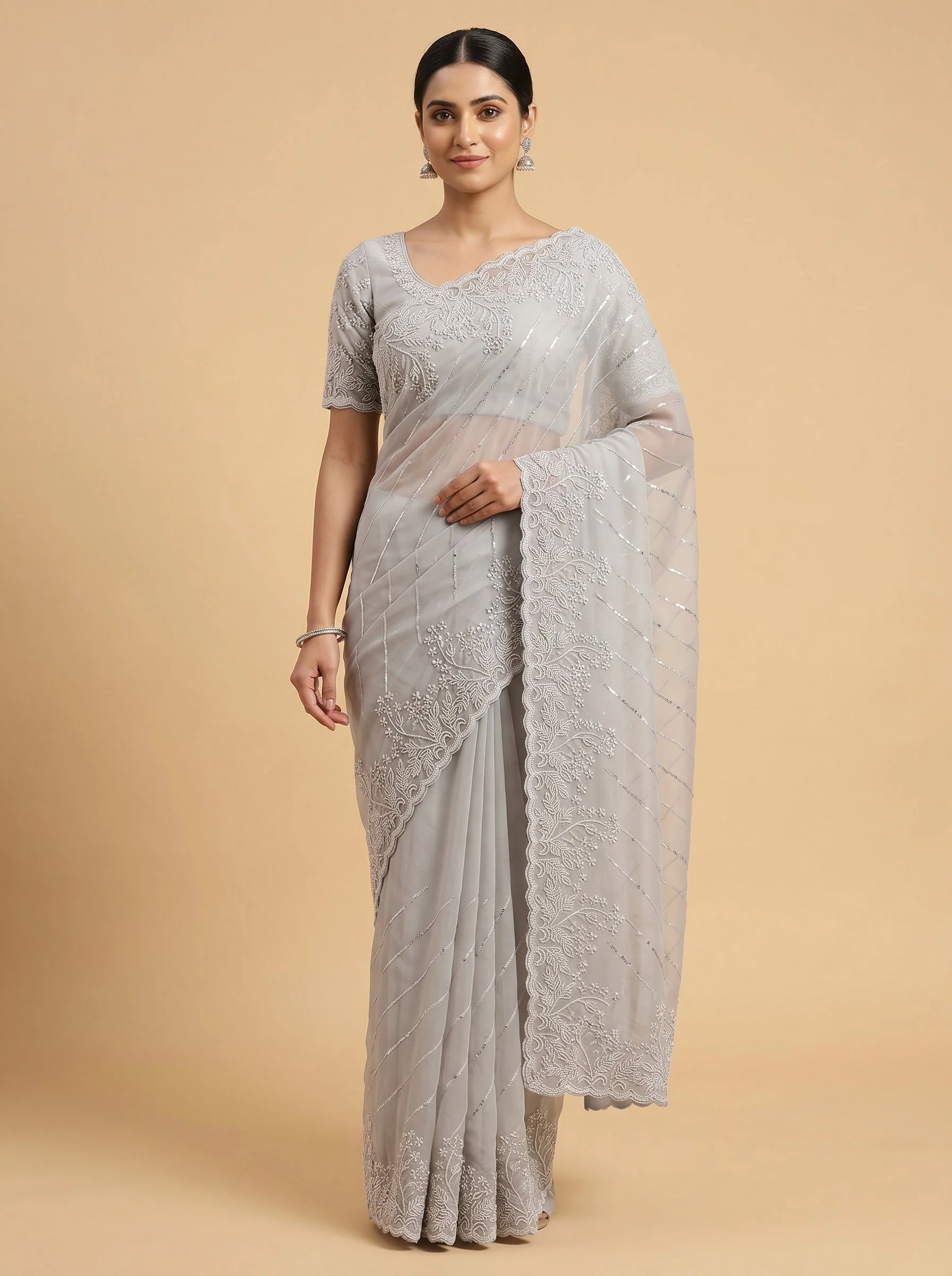 Grey Steel Veil Embroidered Saree
