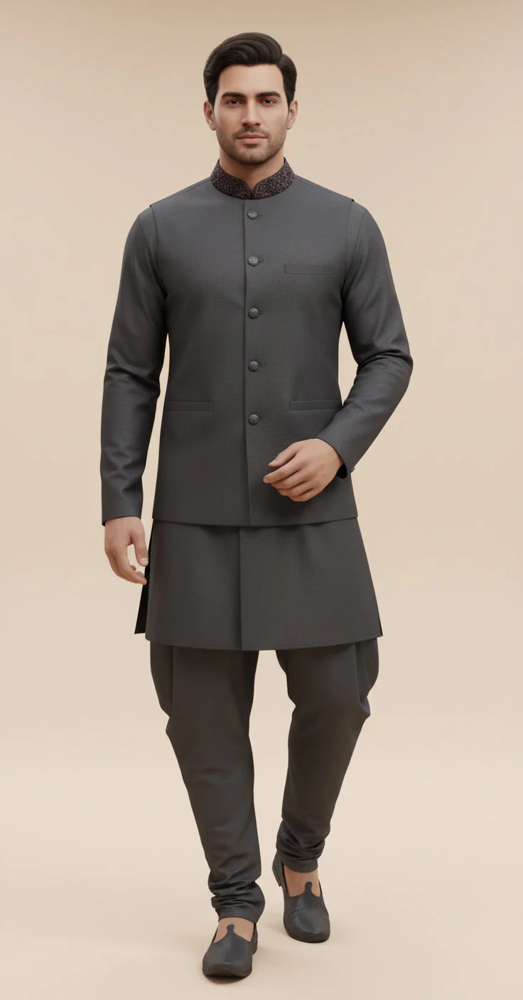 Grey Textured Jacket Kurta Set - Image 2