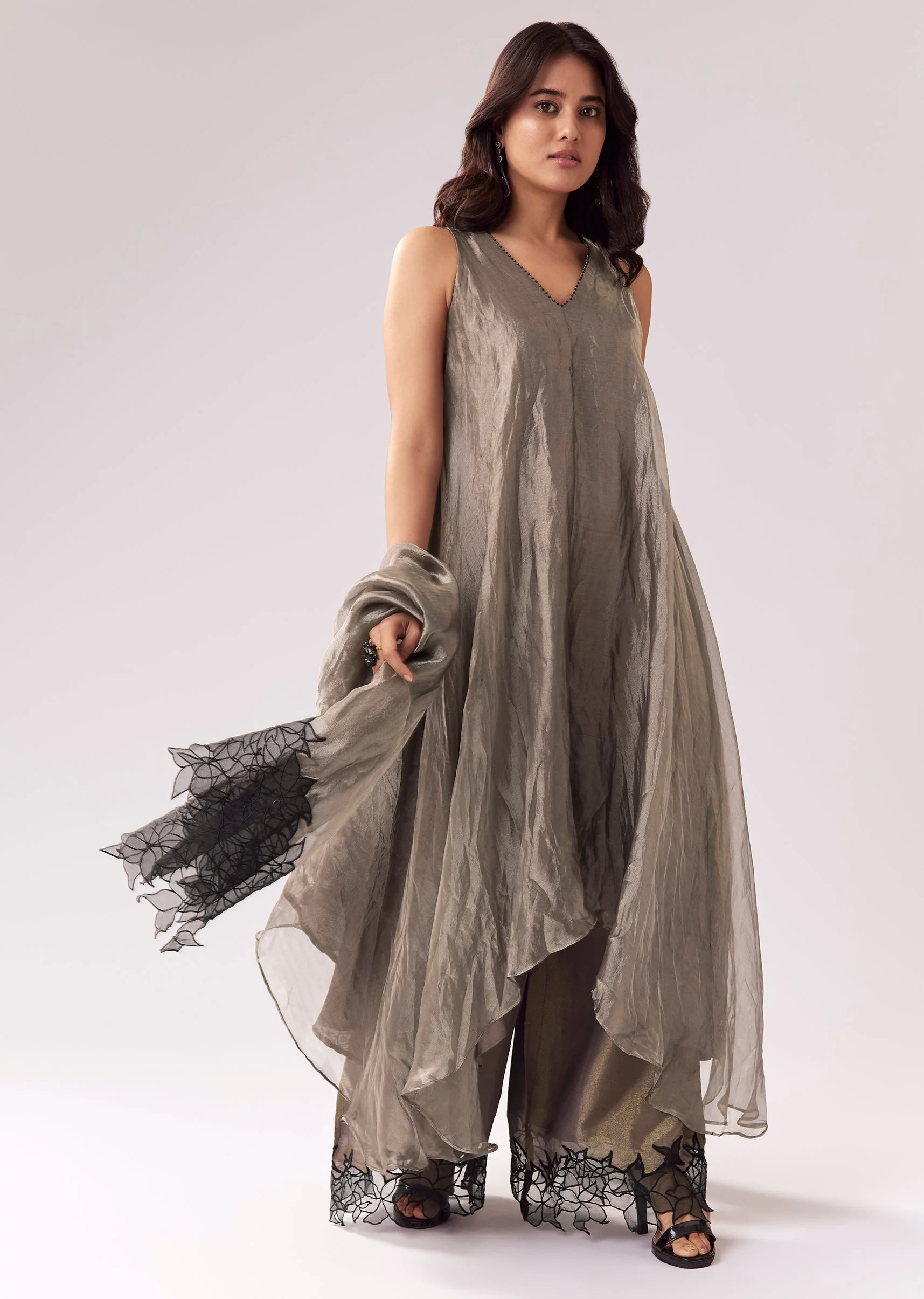Grey Tissue Anarkali With Beadwork And Patchwork Accents