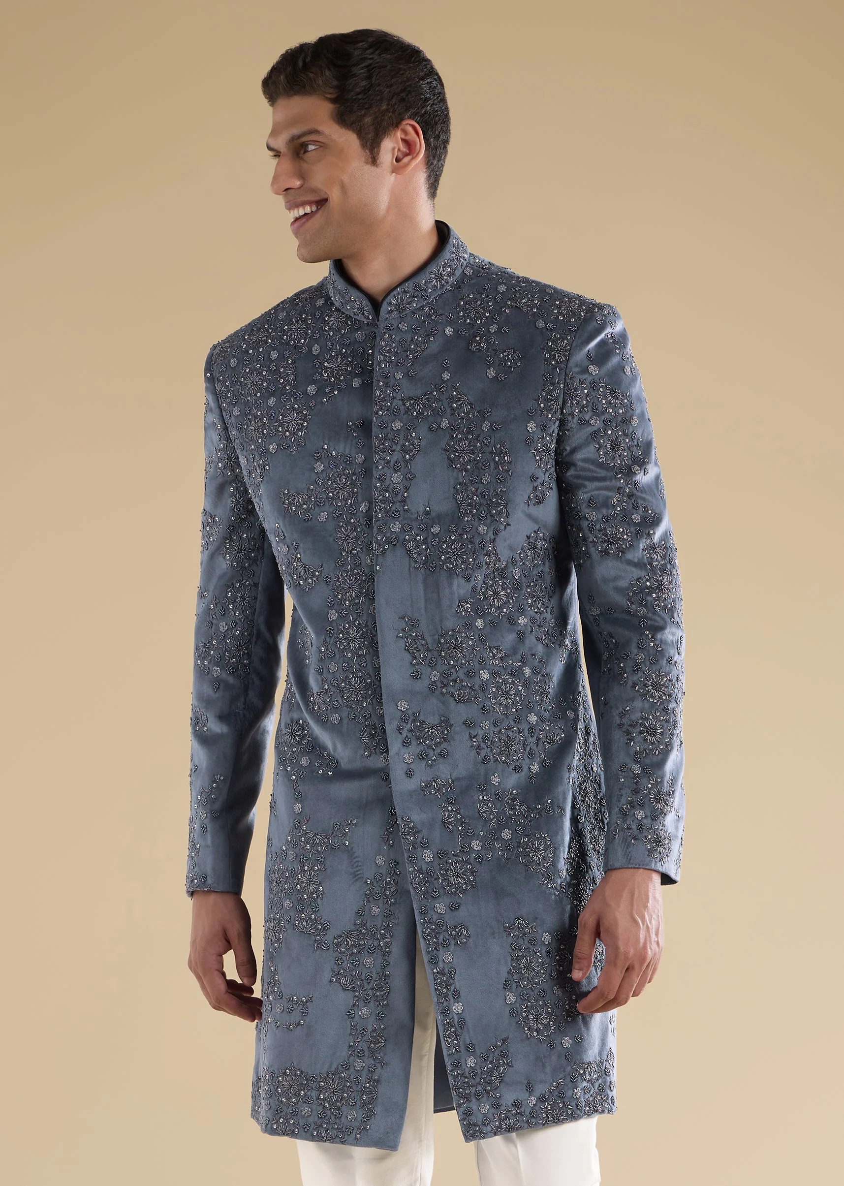 Grey Velvet Embellished Indo Western Set - Image 3
