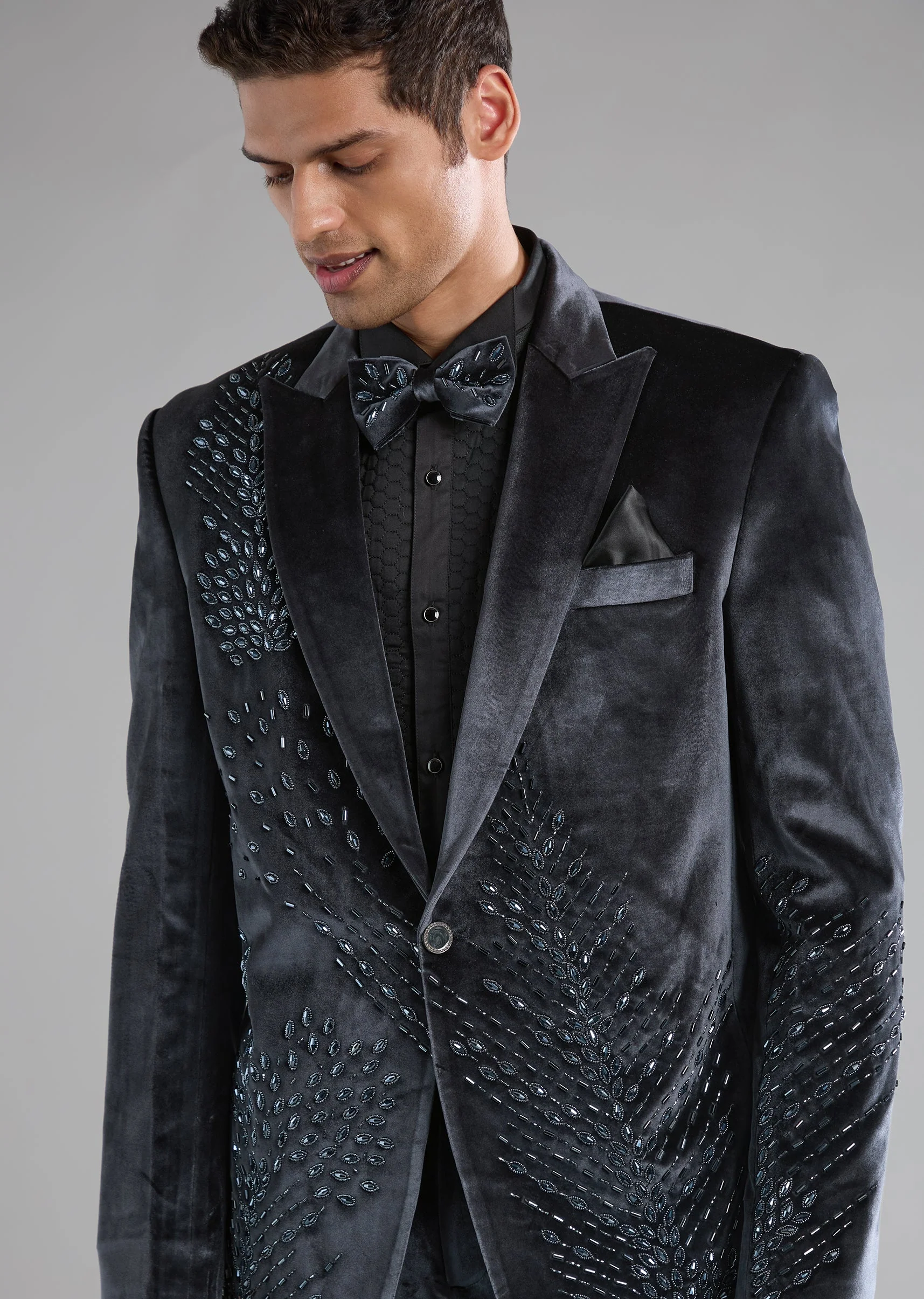 Grey Velvet Tuxedo with Cutdana Work - Image 2
