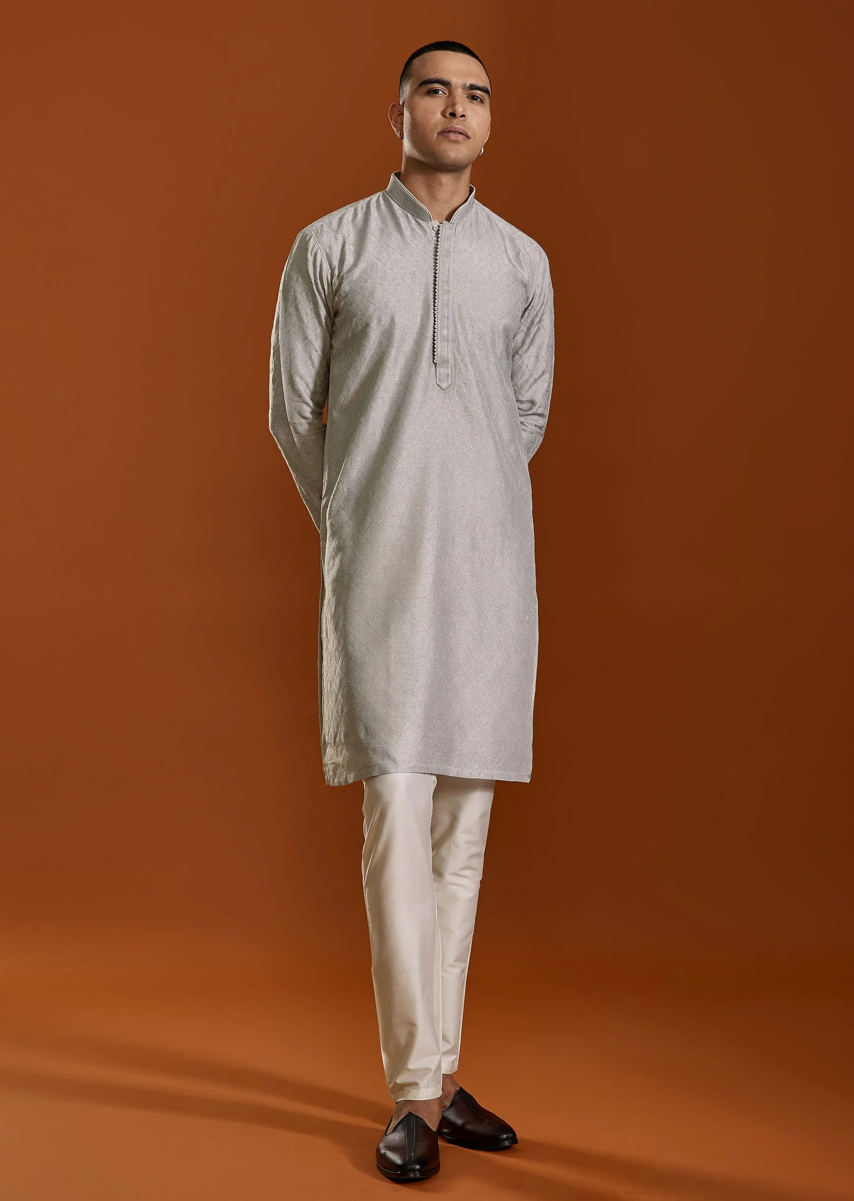 Grey Viscose Thread Embroidered Kurta Set