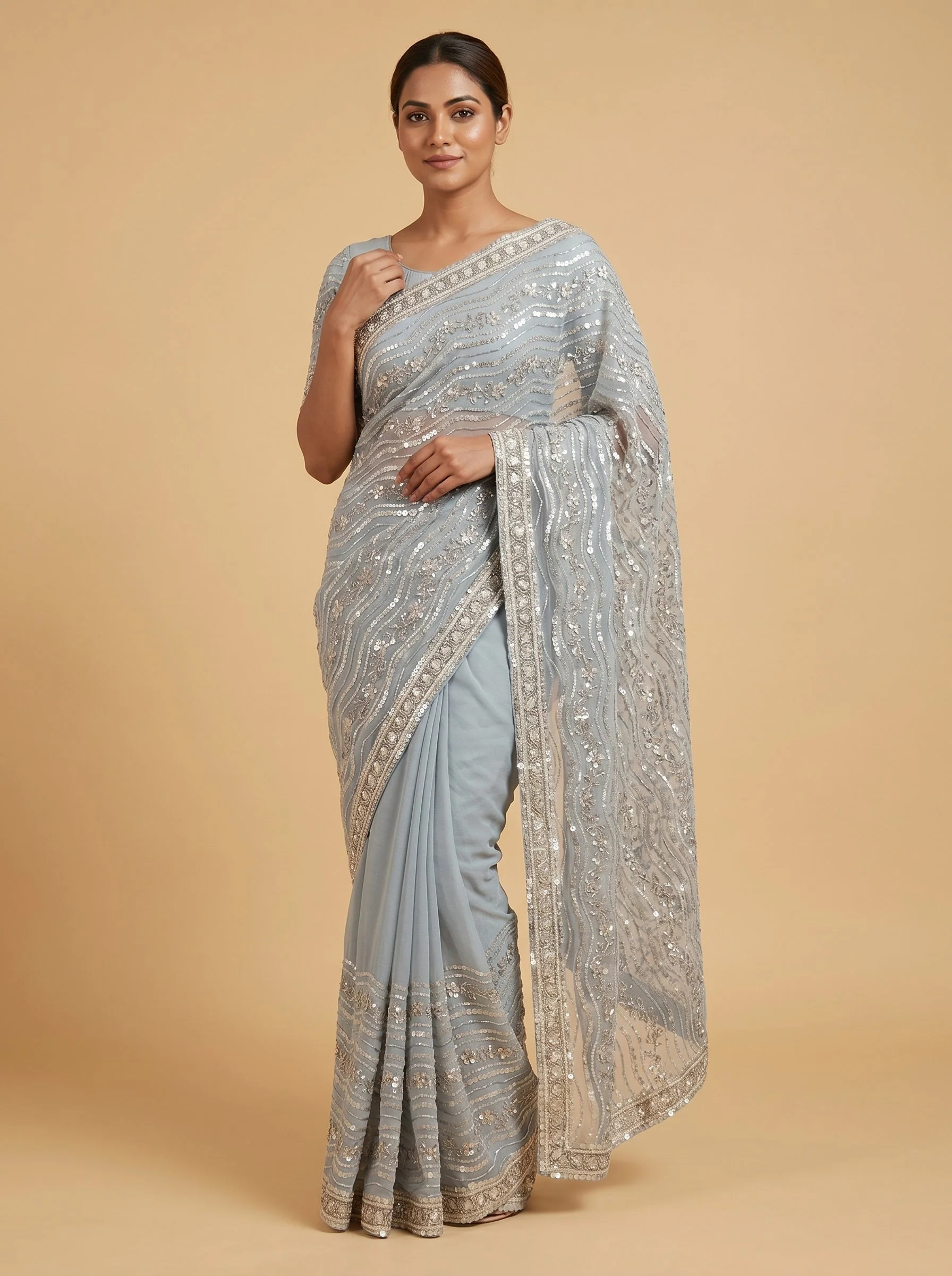 Greyish Blue Misty Sky Embroidered Saree