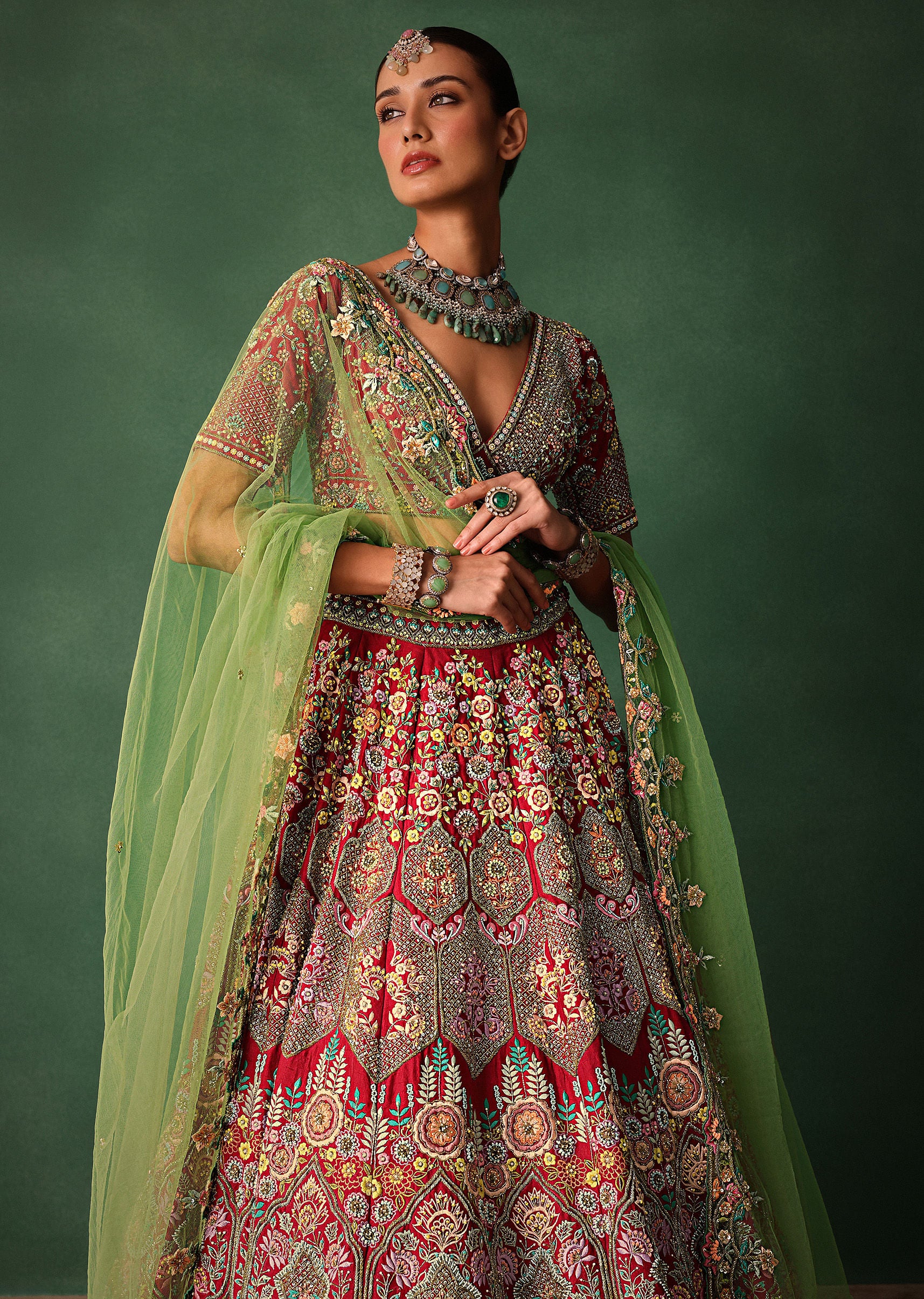 Hand Embroidered Multicolour Thread Work Red Bridal Lehenga Set With Dupatta - Image 5