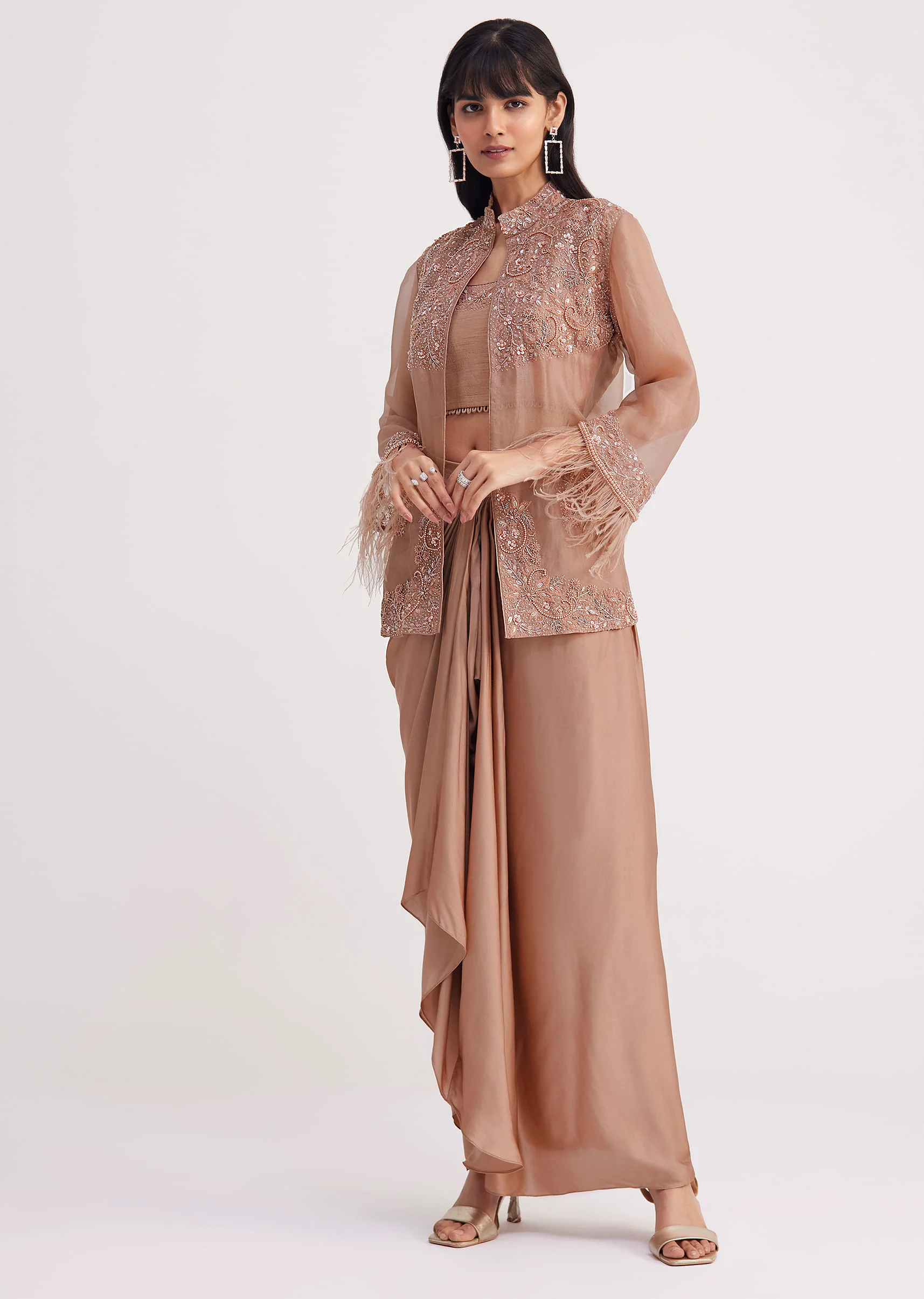Hazelnut Beige Crop Top And Skirt With Embroidered Jacket