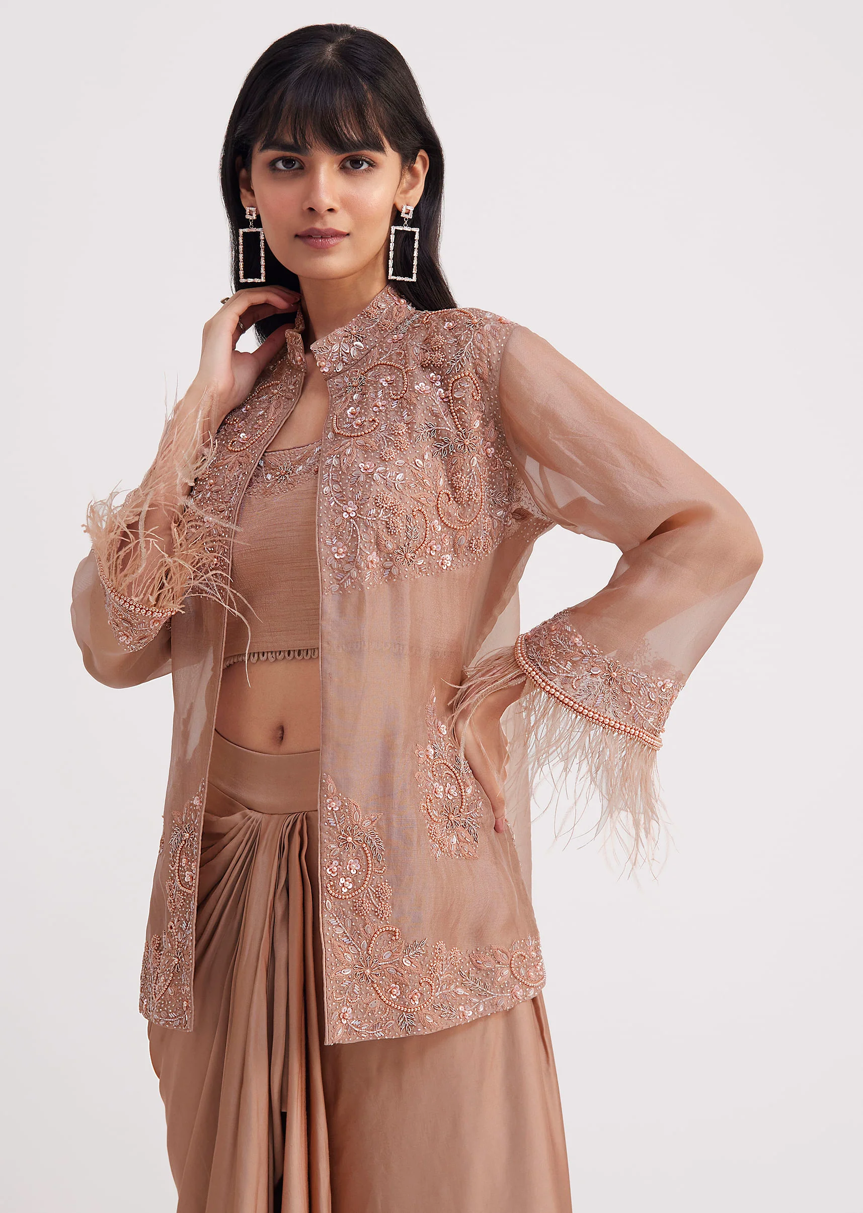 Hazelnut Beige Crop Top And Skirt With Embroidered Jacket - Image 4