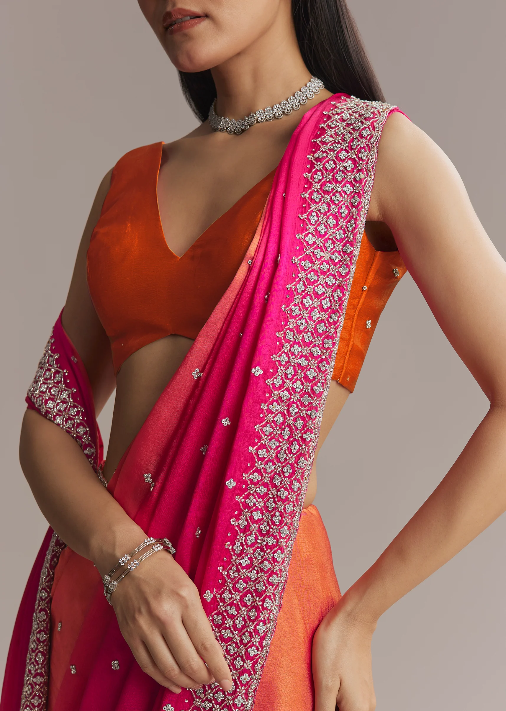 Hot Pink And Orange Chinon Saree With Heavy Embroidery - Image 2