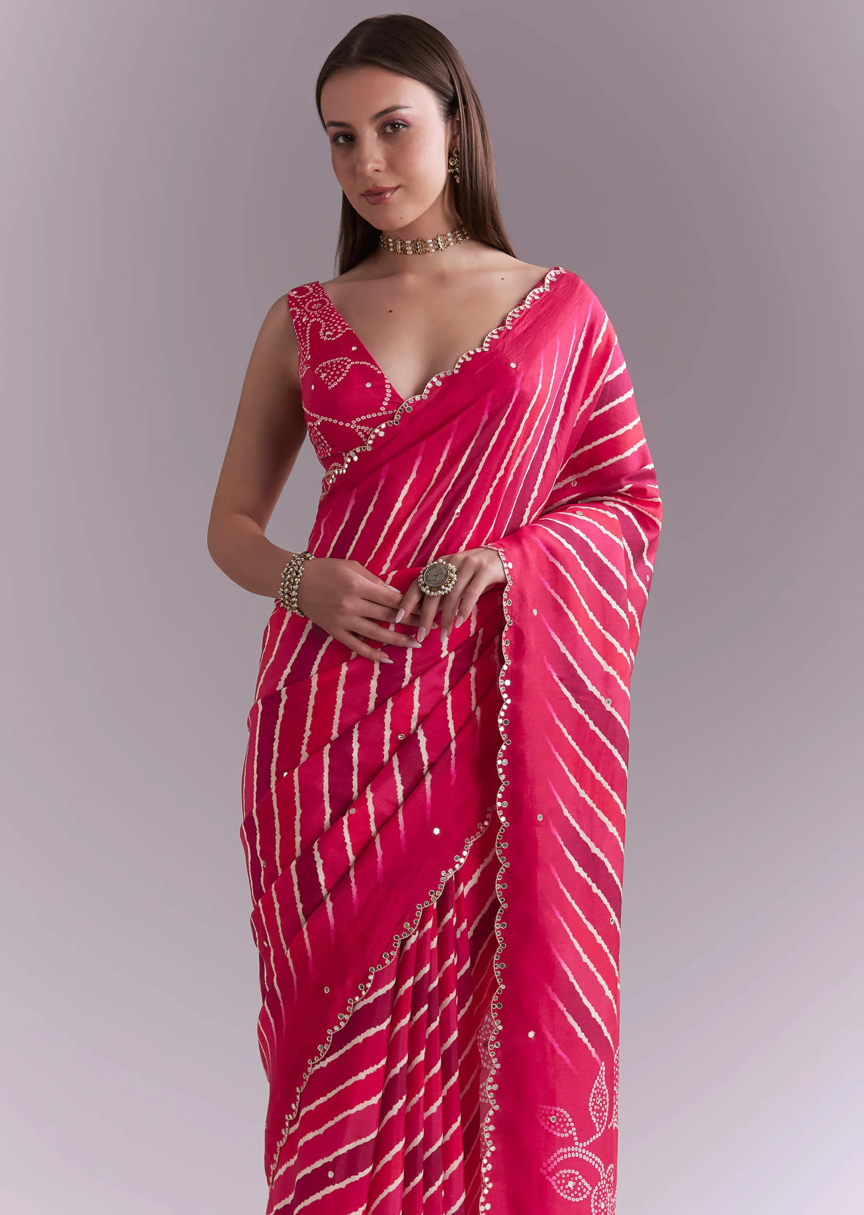 Hot Pink Chinon Saree With Leheriya Print And Mirror Work - Image 5