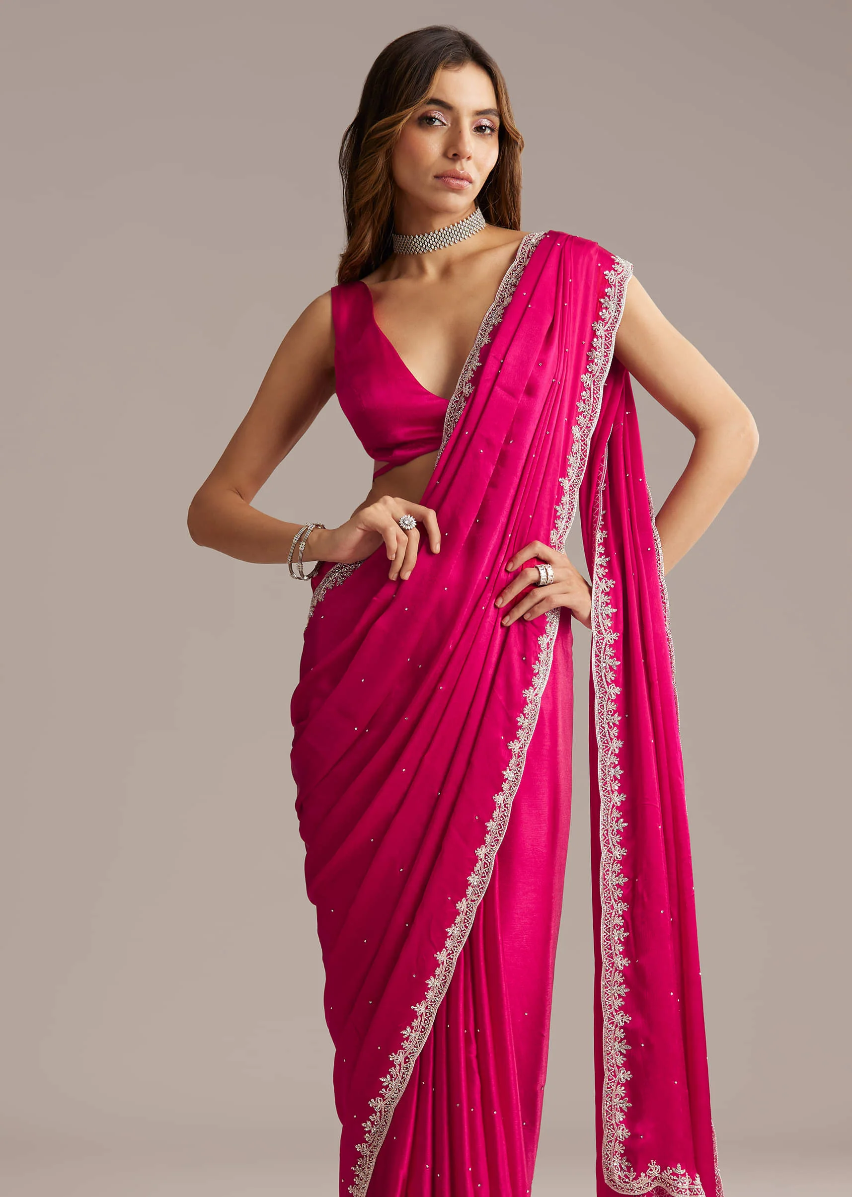 Hot Pink Chinon Saree With Stone And Sequin Embroidery - Image 4