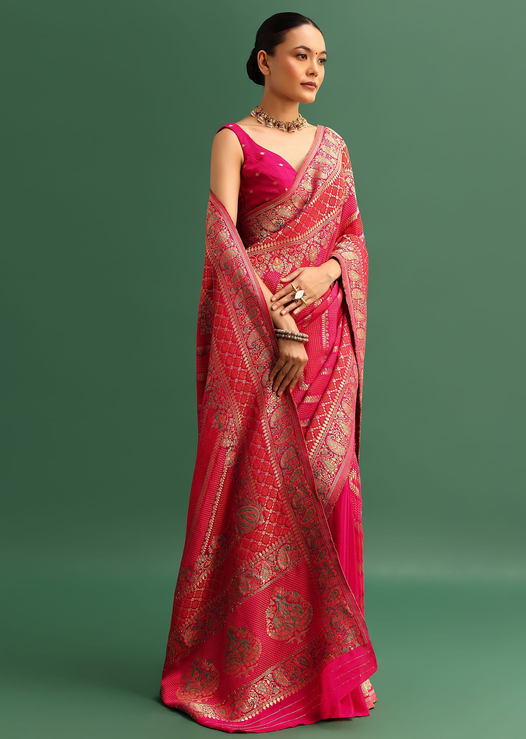 Hot Pink Crepe Silk Saree With Zari Work And Unstitched Blouse - Image 3