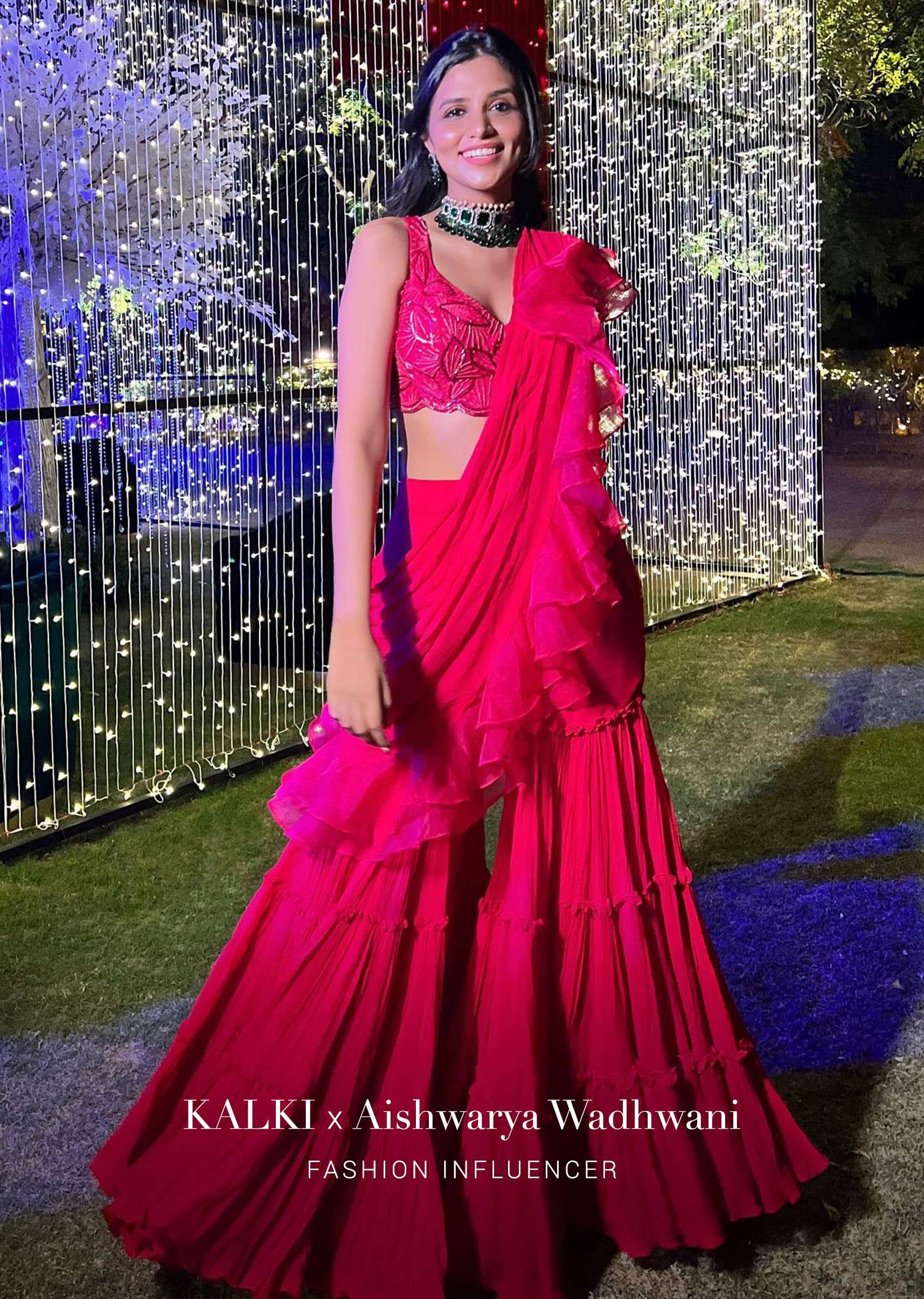 Hot Pink Crop Top Sharara Suit With An Attached Ruffle Draped And An Hand Embroidered Leaf Motifs - Image 10