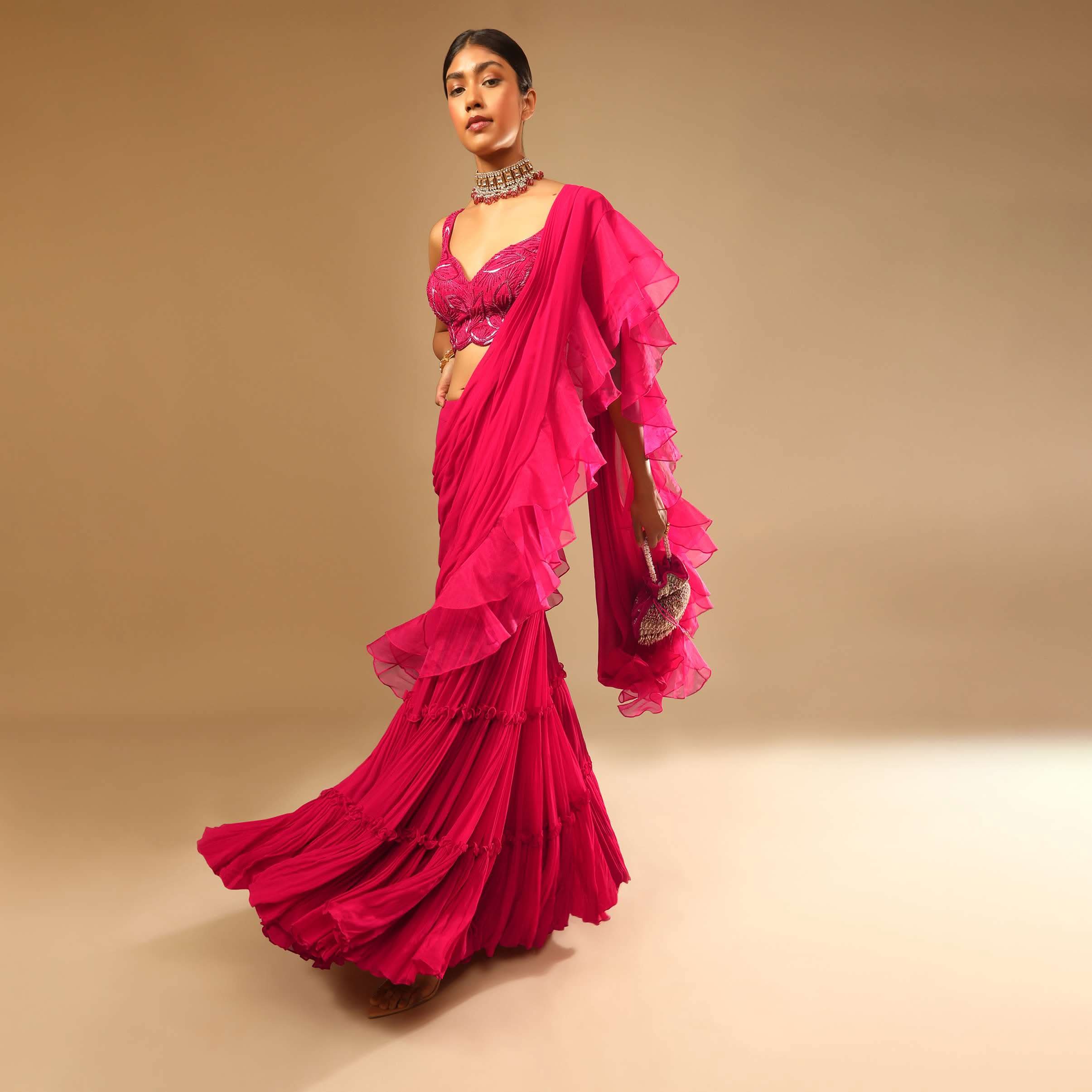 Hot Pink Crop Top Sharara Suit With An Attached Ruffle Draped And An Hand Embroidered Leaf Motifs - Image 2