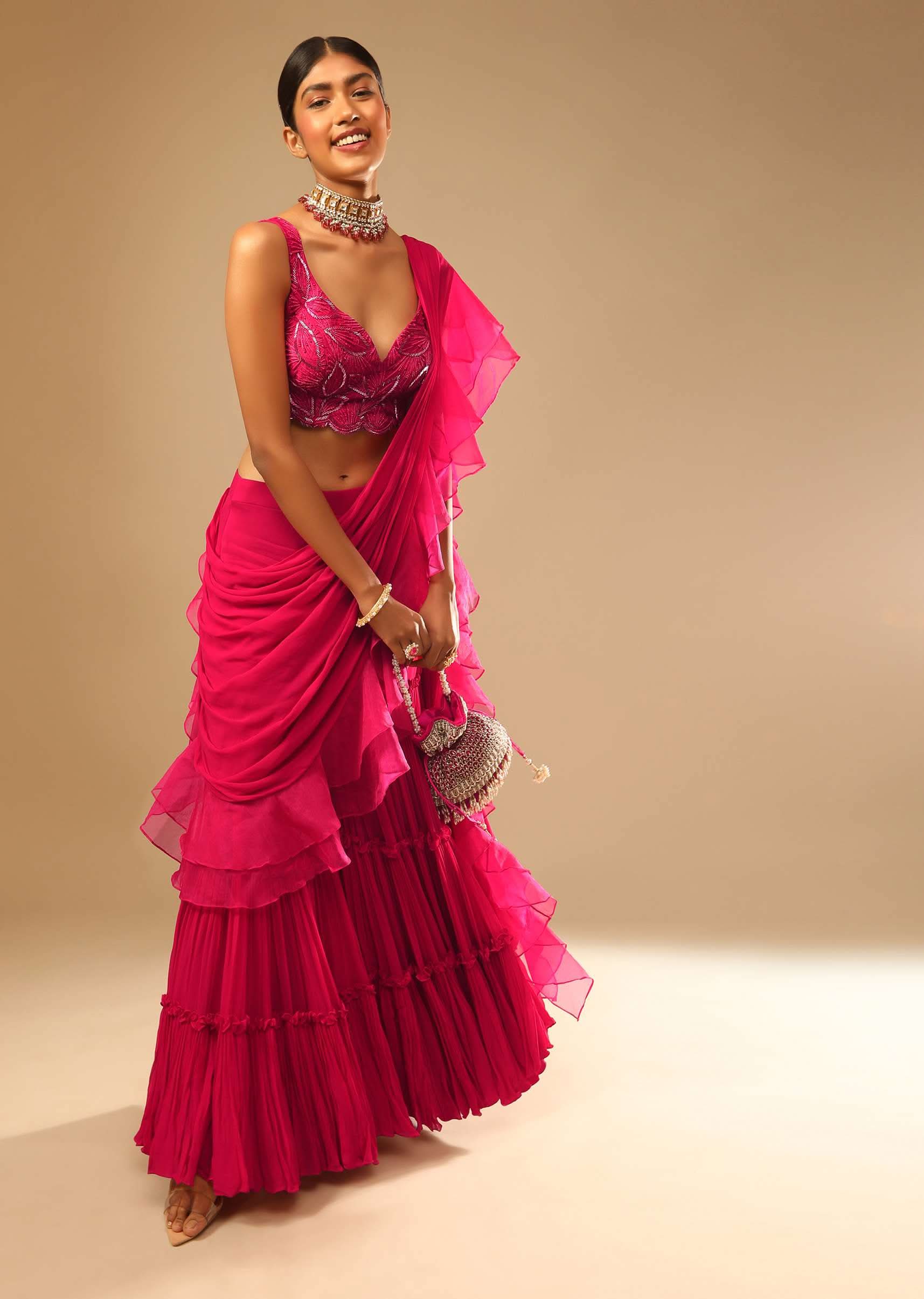 Hot Pink Crop Top Sharara Suit With An Attached Ruffle Draped And An Hand Embroidered Leaf Motifs - Image 5