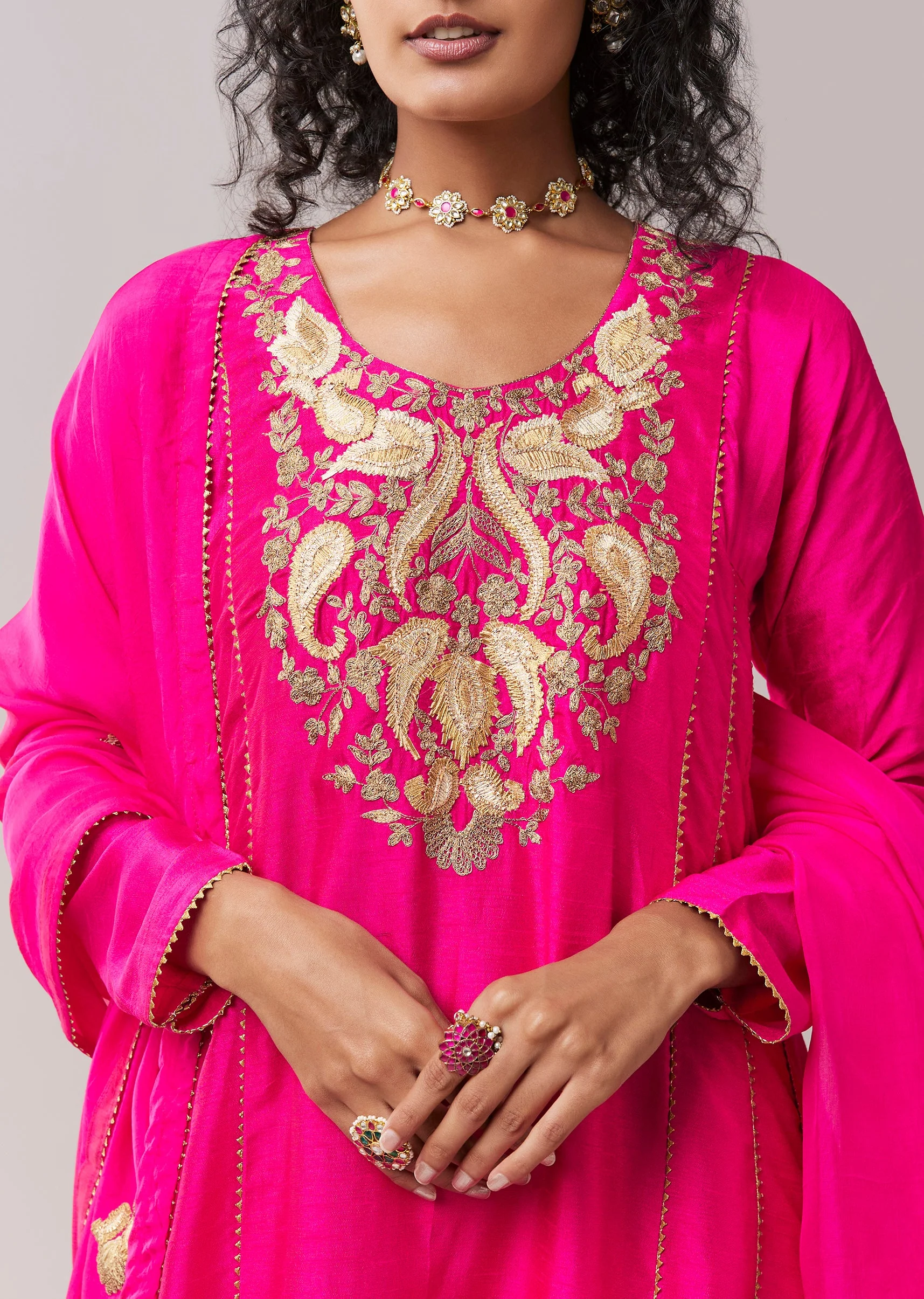 Hot Pink Gota Work Silk Anarkali Set - Image 2