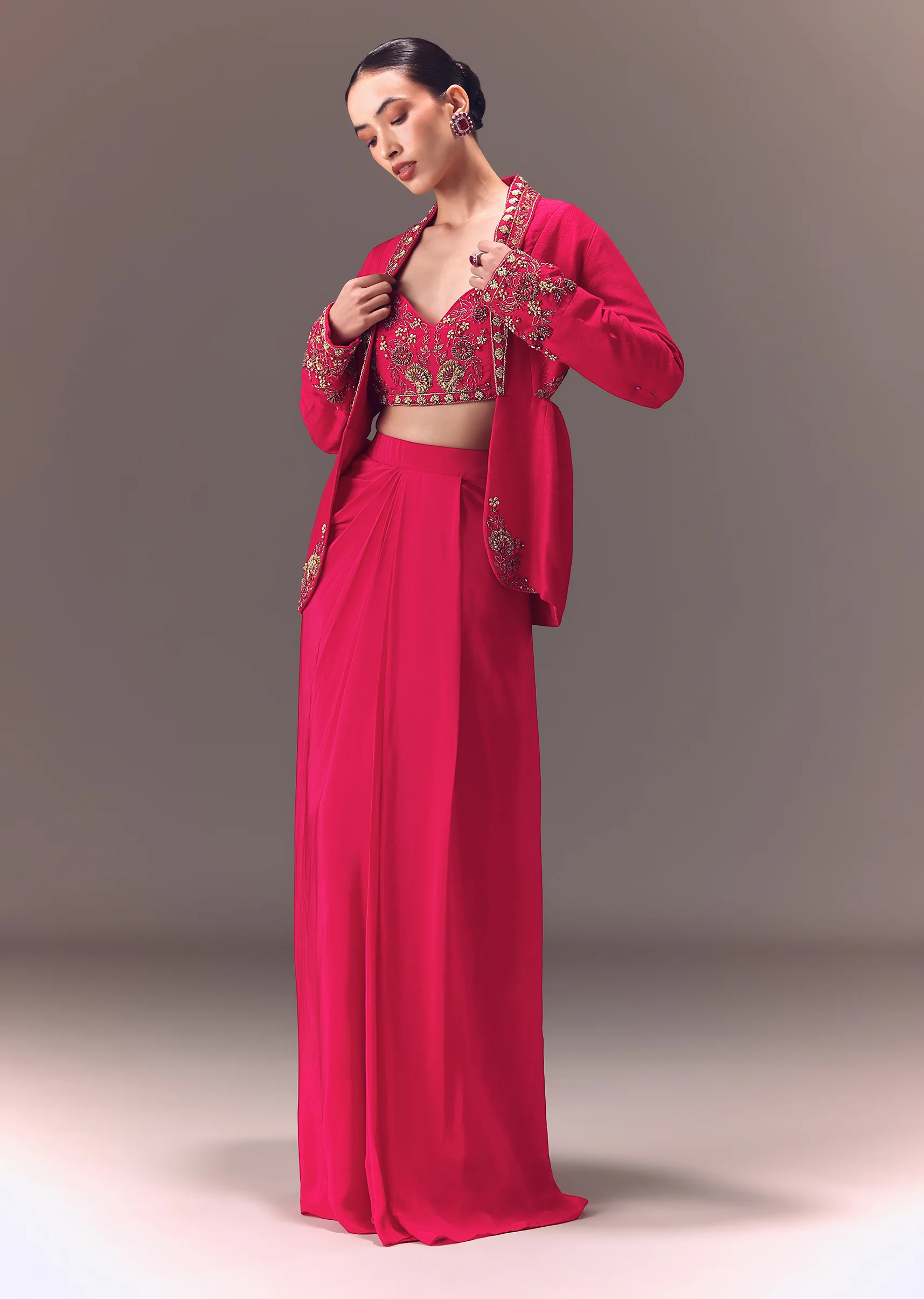 Hot Pink Hand Embellished Blouse With Jacket And Draped Skirt - Image 3