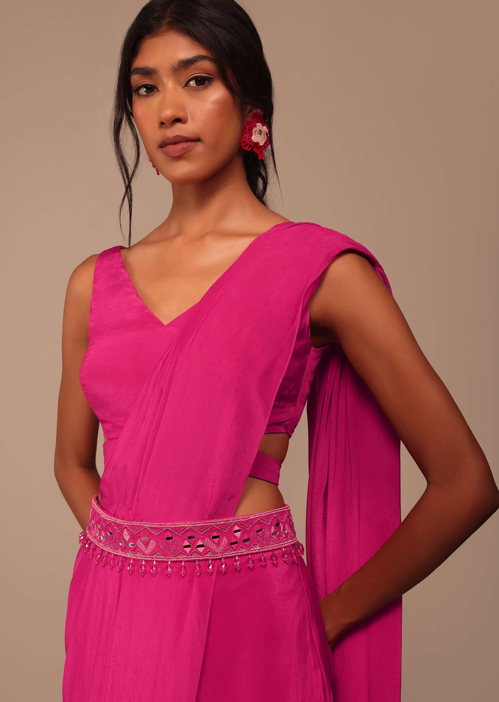Hot Pink Readymade Saree With Embroidered Belt - Image 5