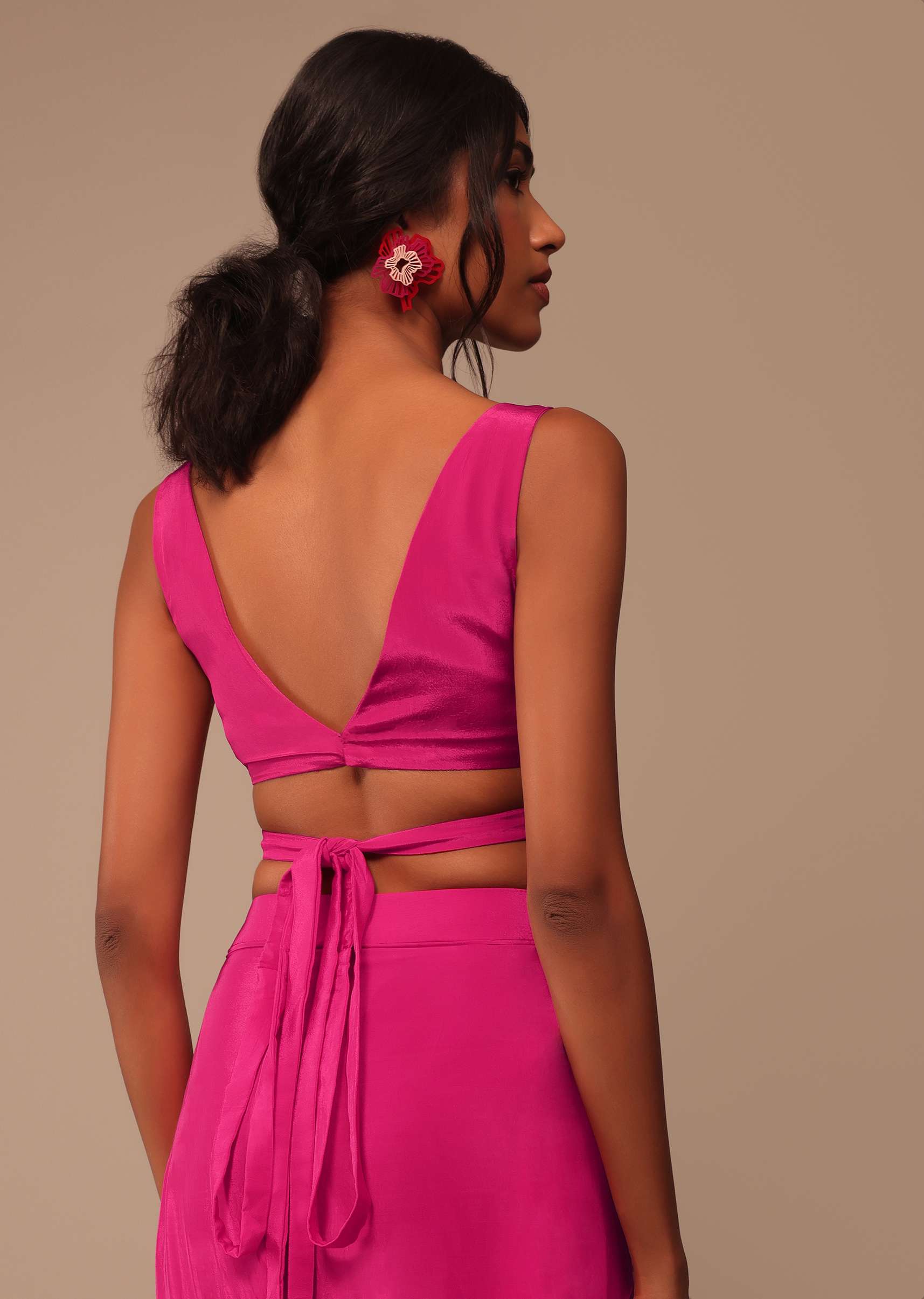 Hot Pink Readymade Saree With Embroidered Belt - Image 7