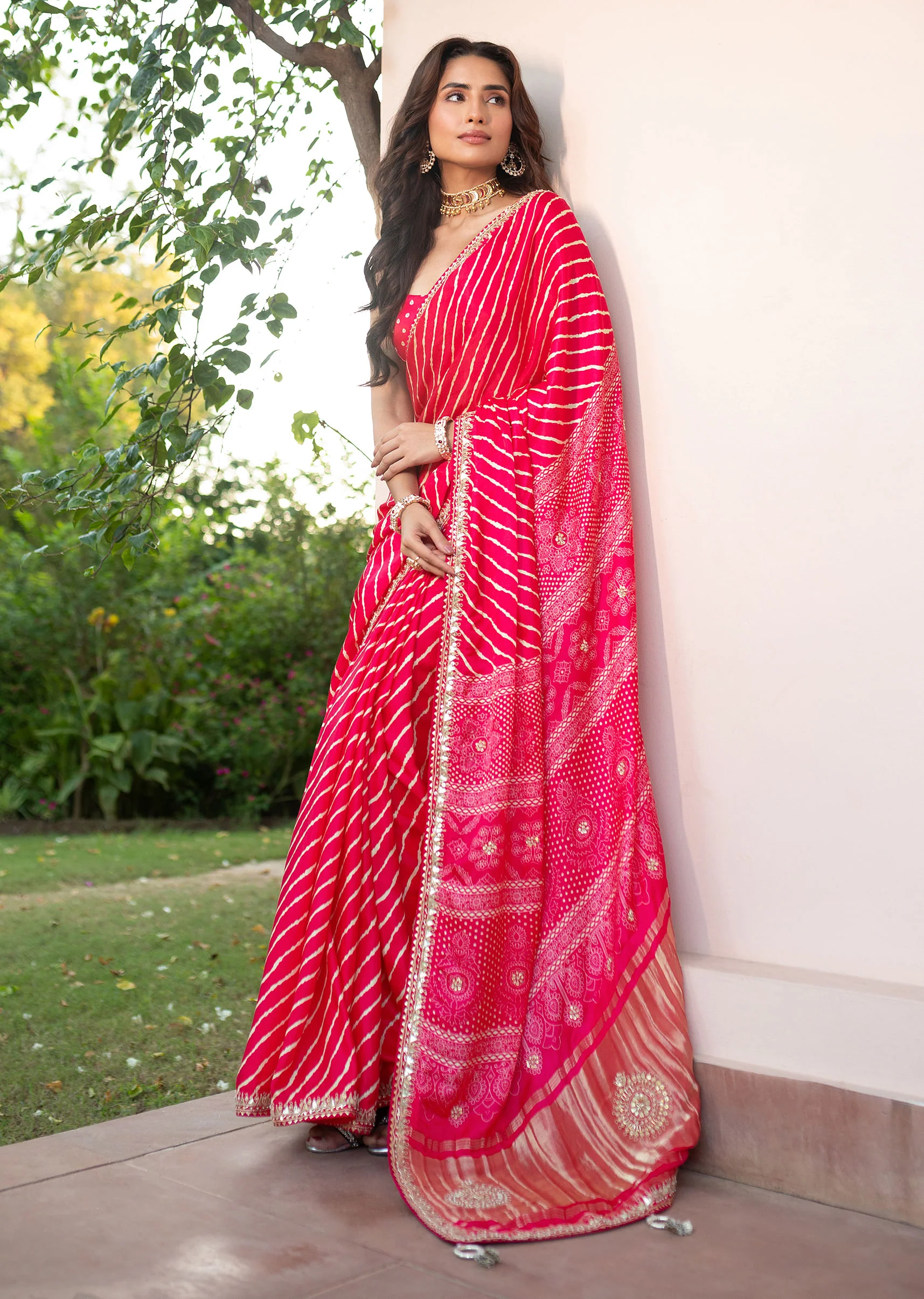 Hot Pink Lehariya Saree In Gota Patti Work With Unstitched Blouse - Image 12