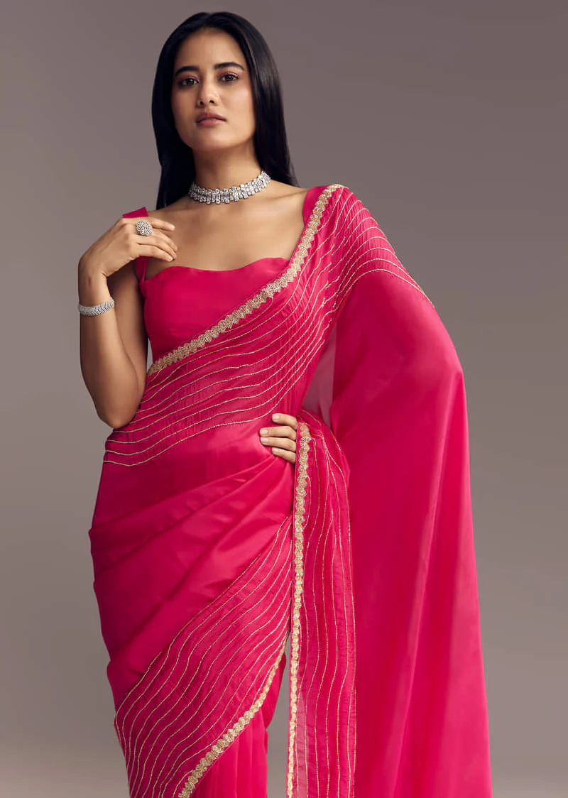 Hot Pink Organza Saree With Stone And Cut Dana Work - Image 5