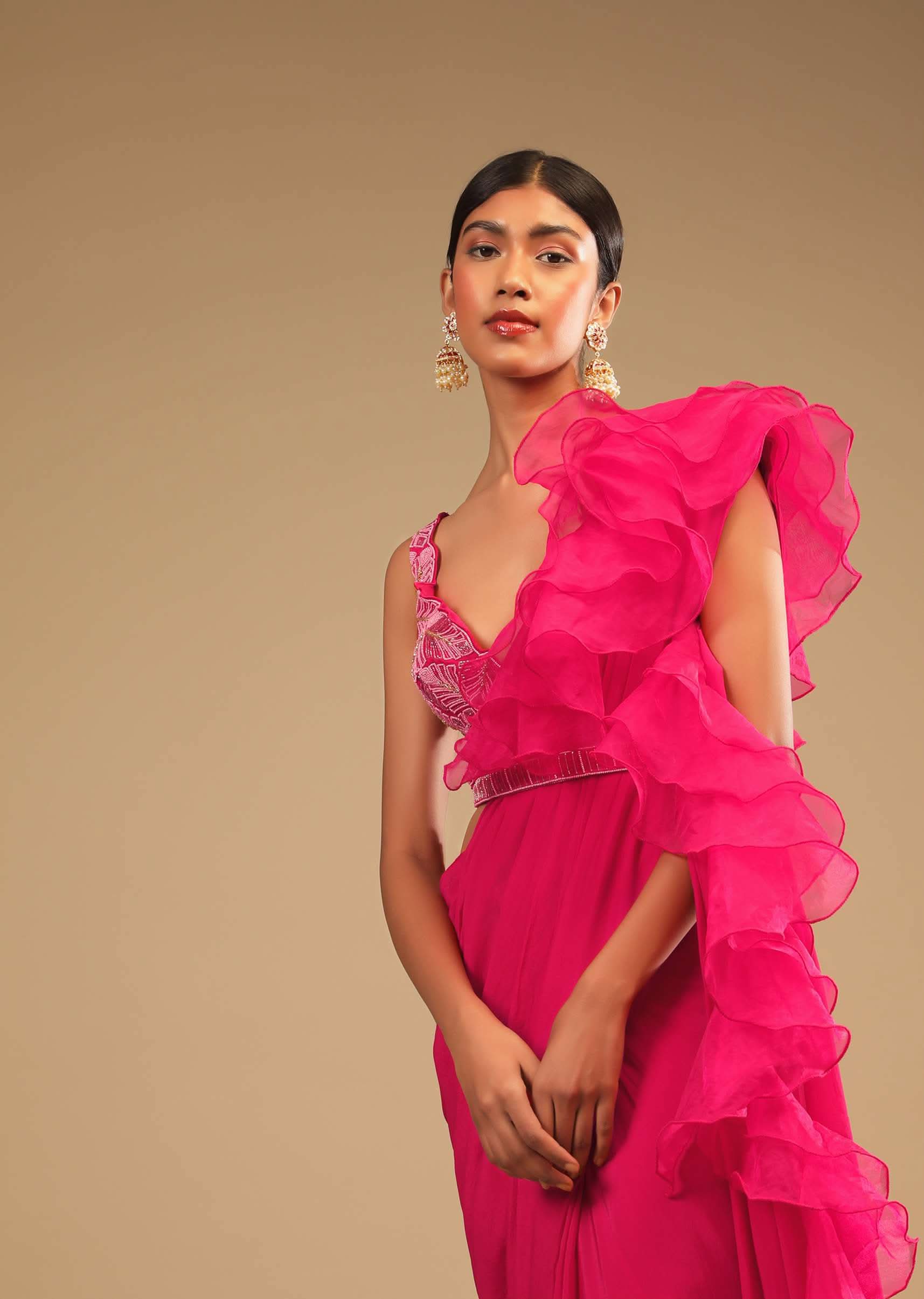 Hot Pink Readymade Saree In Crepe With Ruffle Frill On The Pallu And Beads Embroidered Crop Top And Belt - Image 2