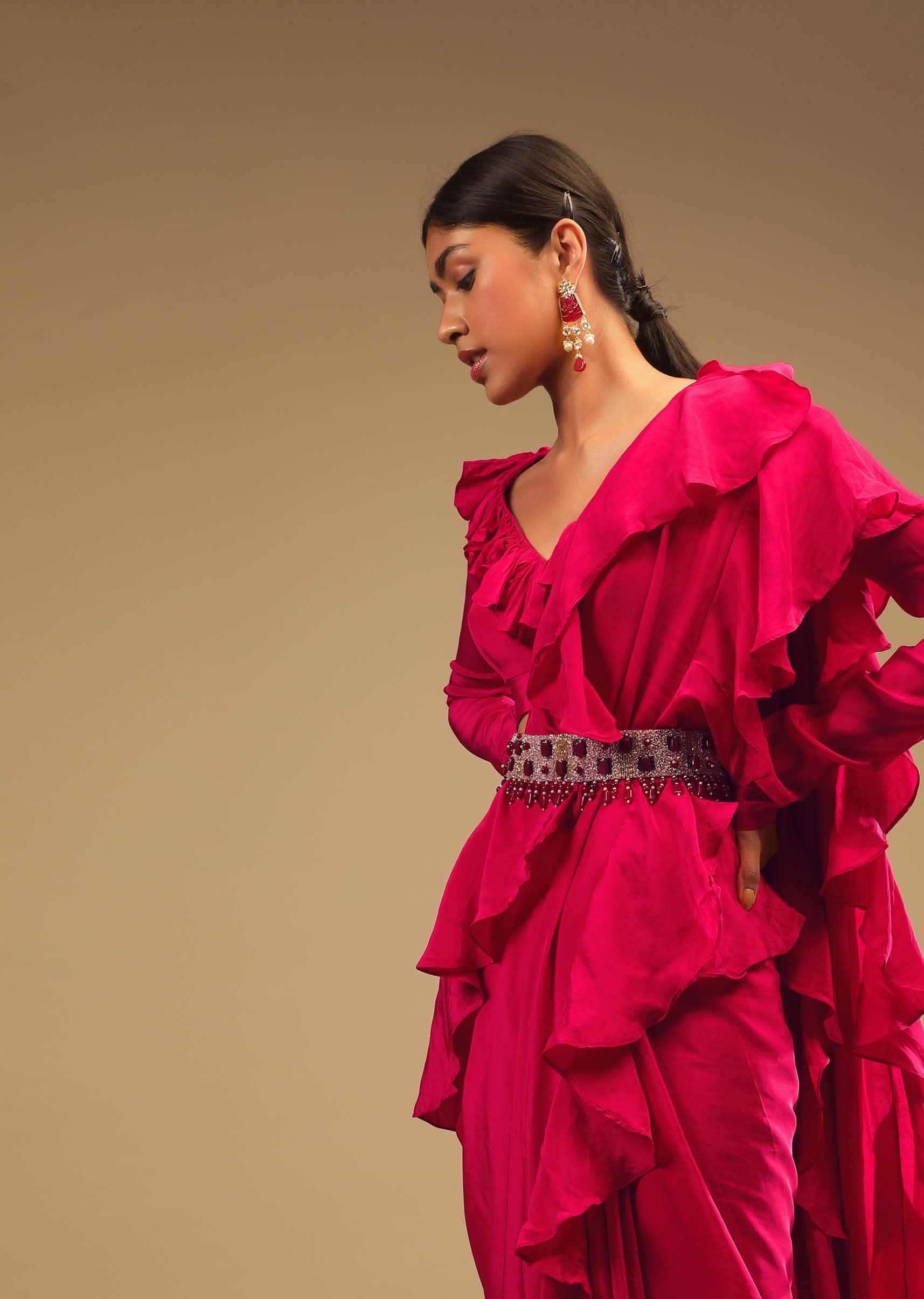 Hot Pink Saree With Ruffle Pallu, Stone Embellished Belt And A Ruffle Blouse With Side Cut Outs - Image 2