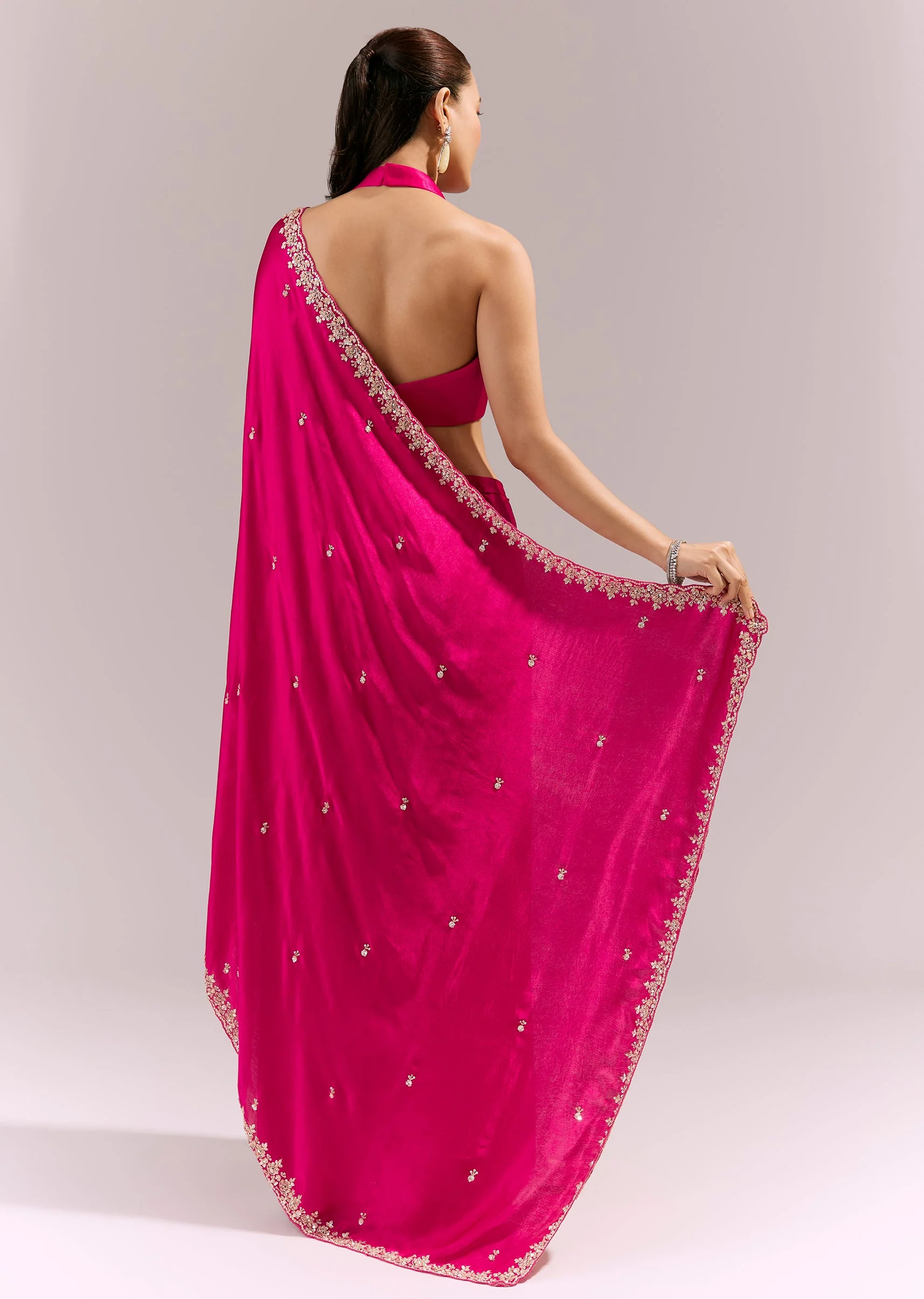 Hot Pink Satin Chinon Saree With Hand Embroidered Border And Buttis - Image 4
