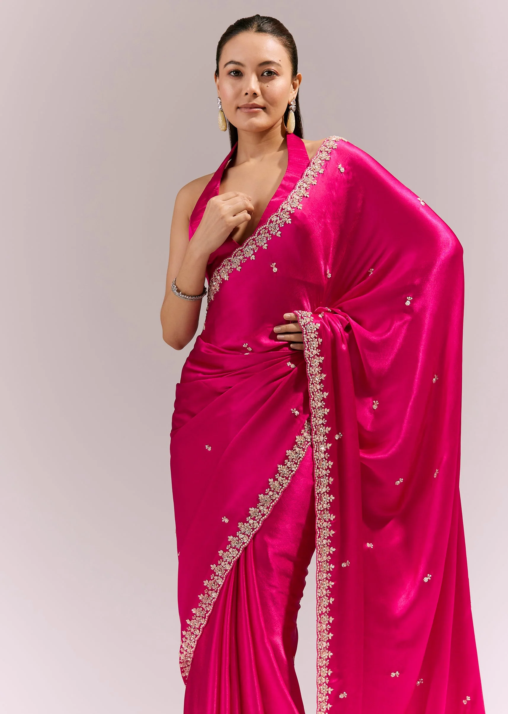 Hot Pink Satin Chinon Saree With Hand Embroidered Border And Buttis - Image 5