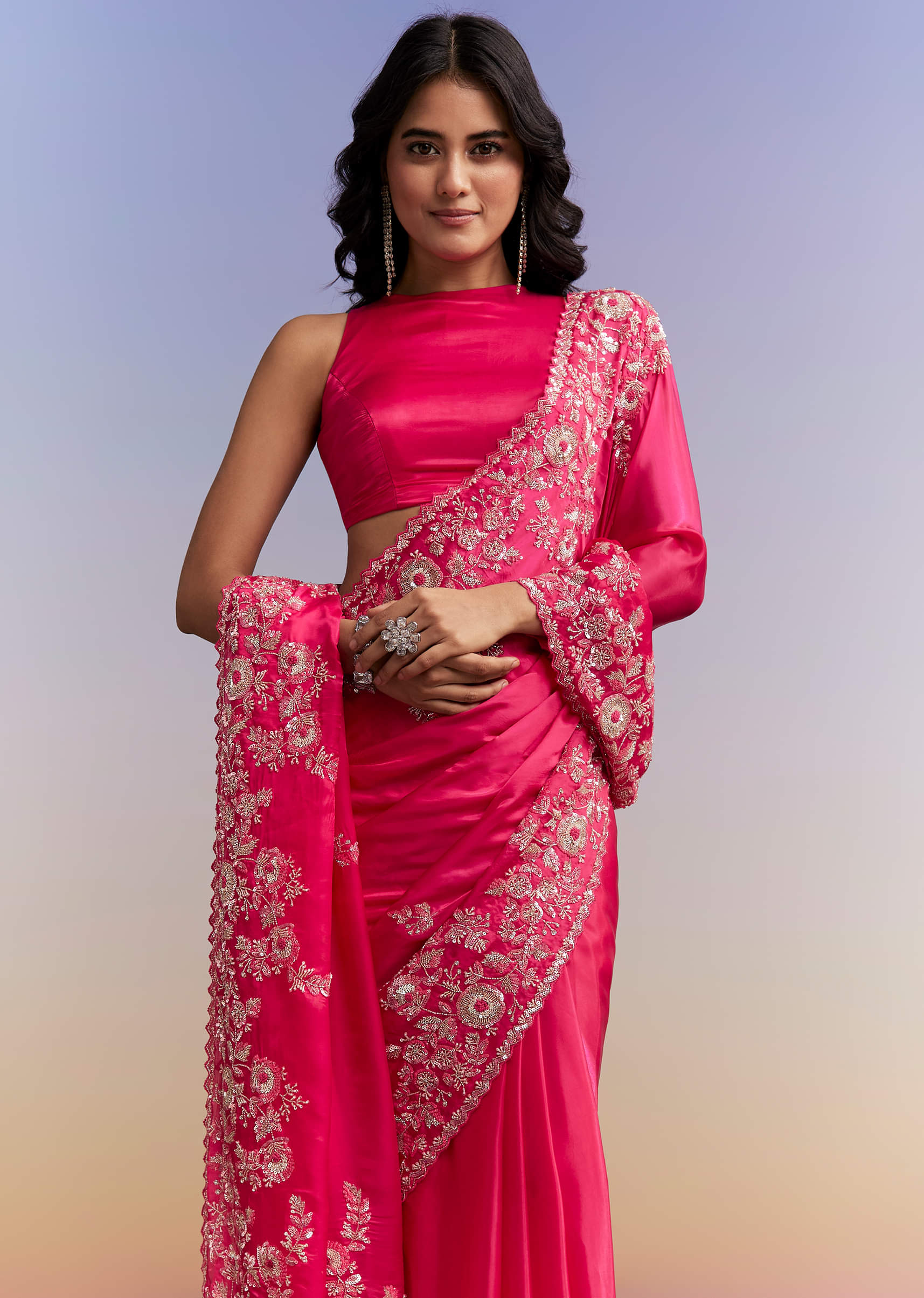 Hot Pink Satin Saree With Heavy Embroidered Details - Image 2