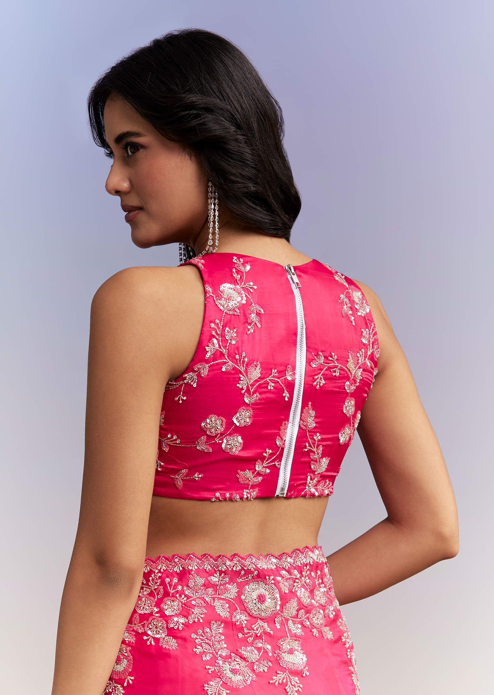 Hot Pink Satin Saree With Heavy Embroidered Details - Image 8
