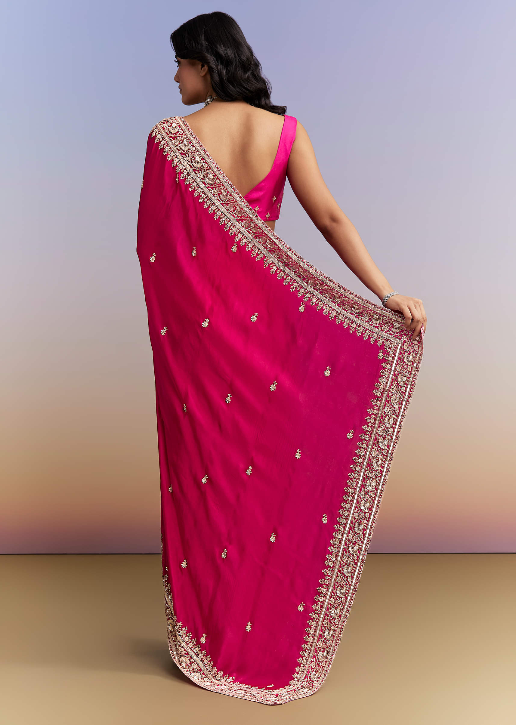 Hot Pink Satin Saree With Heavy Hand Embroidery - Image 4