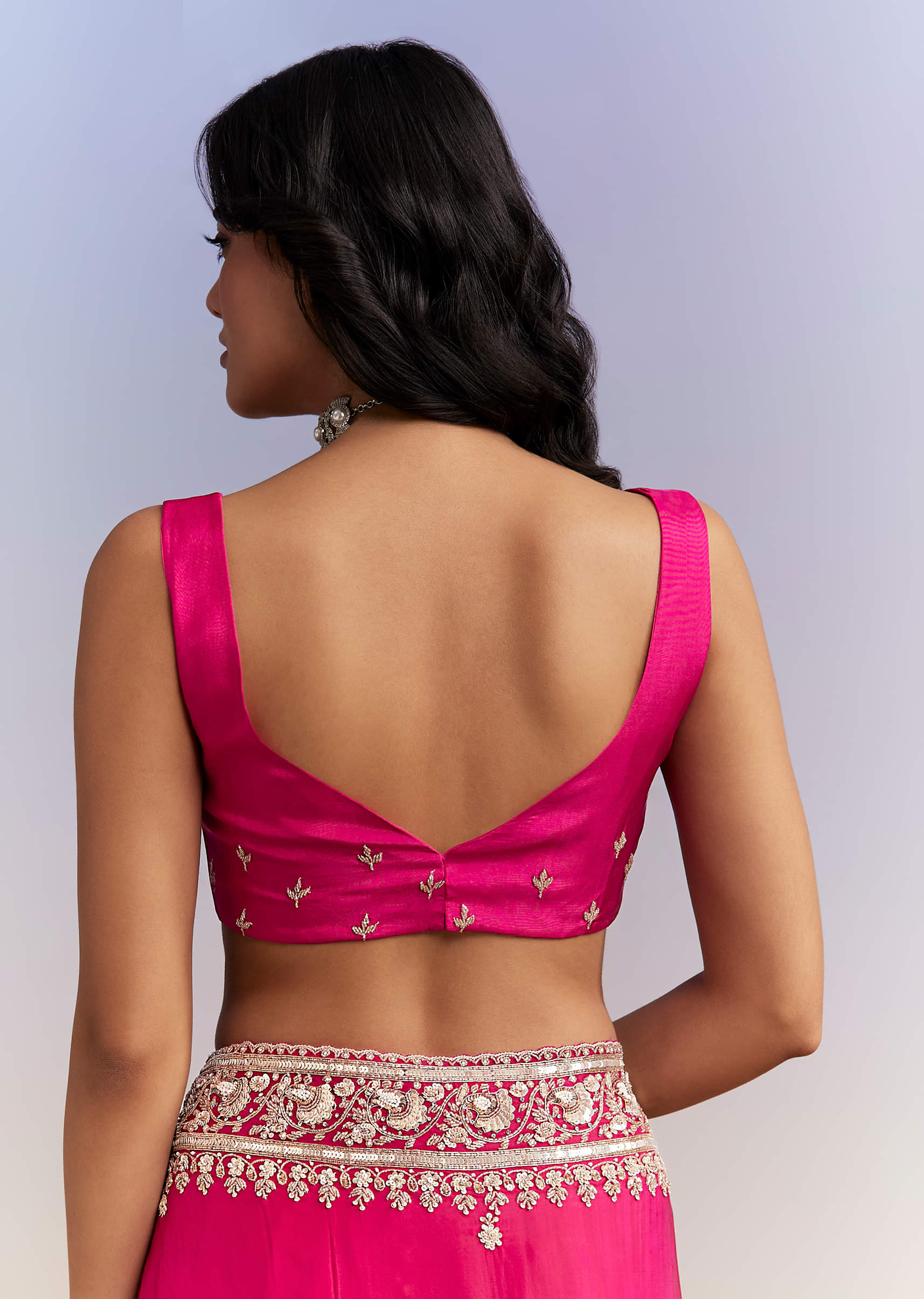 Hot Pink Satin Saree With Heavy Hand Embroidery - Image 8