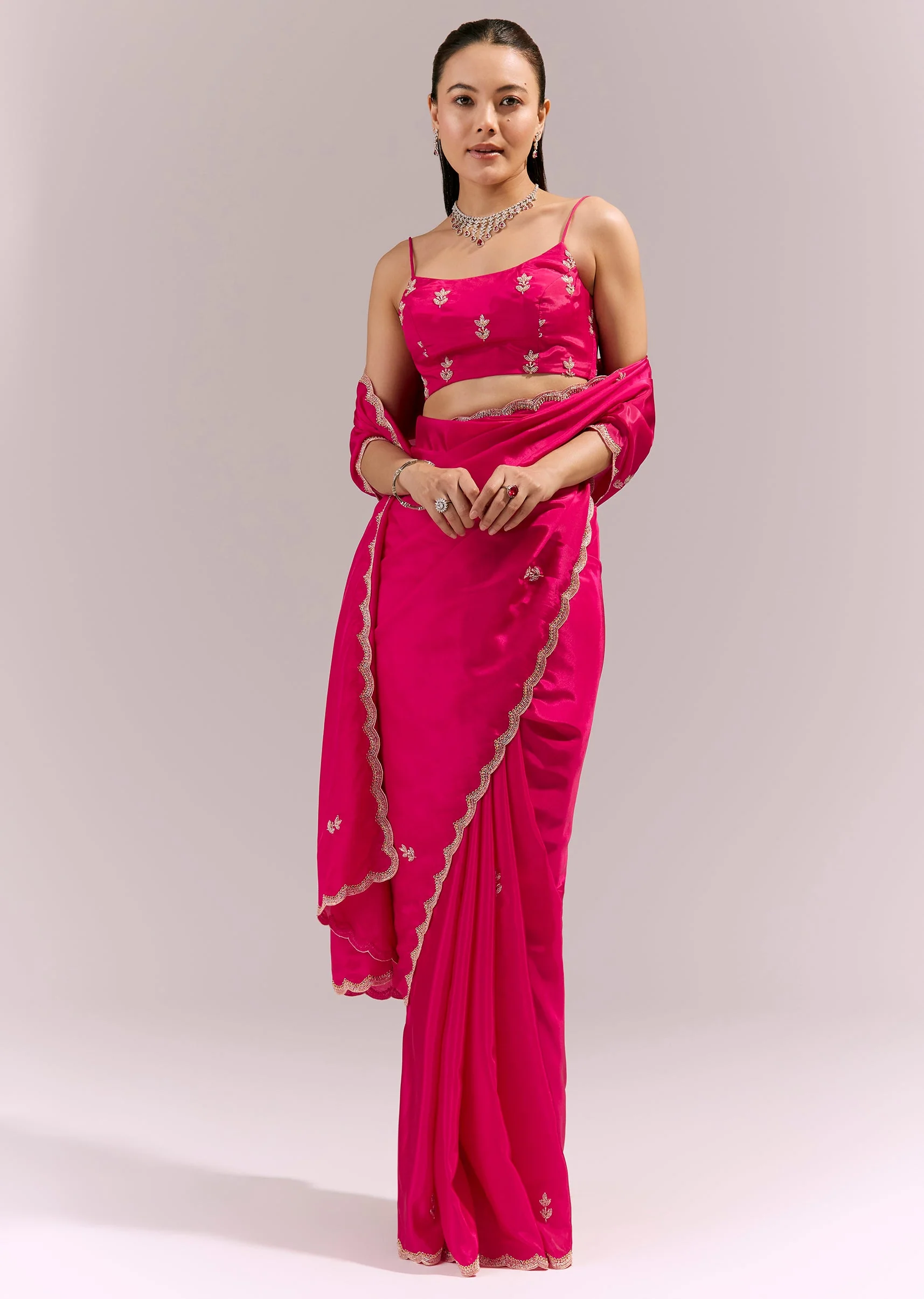Hot Pink Satin Saree With Scalloped Embroidered Border And Butti - Image 3