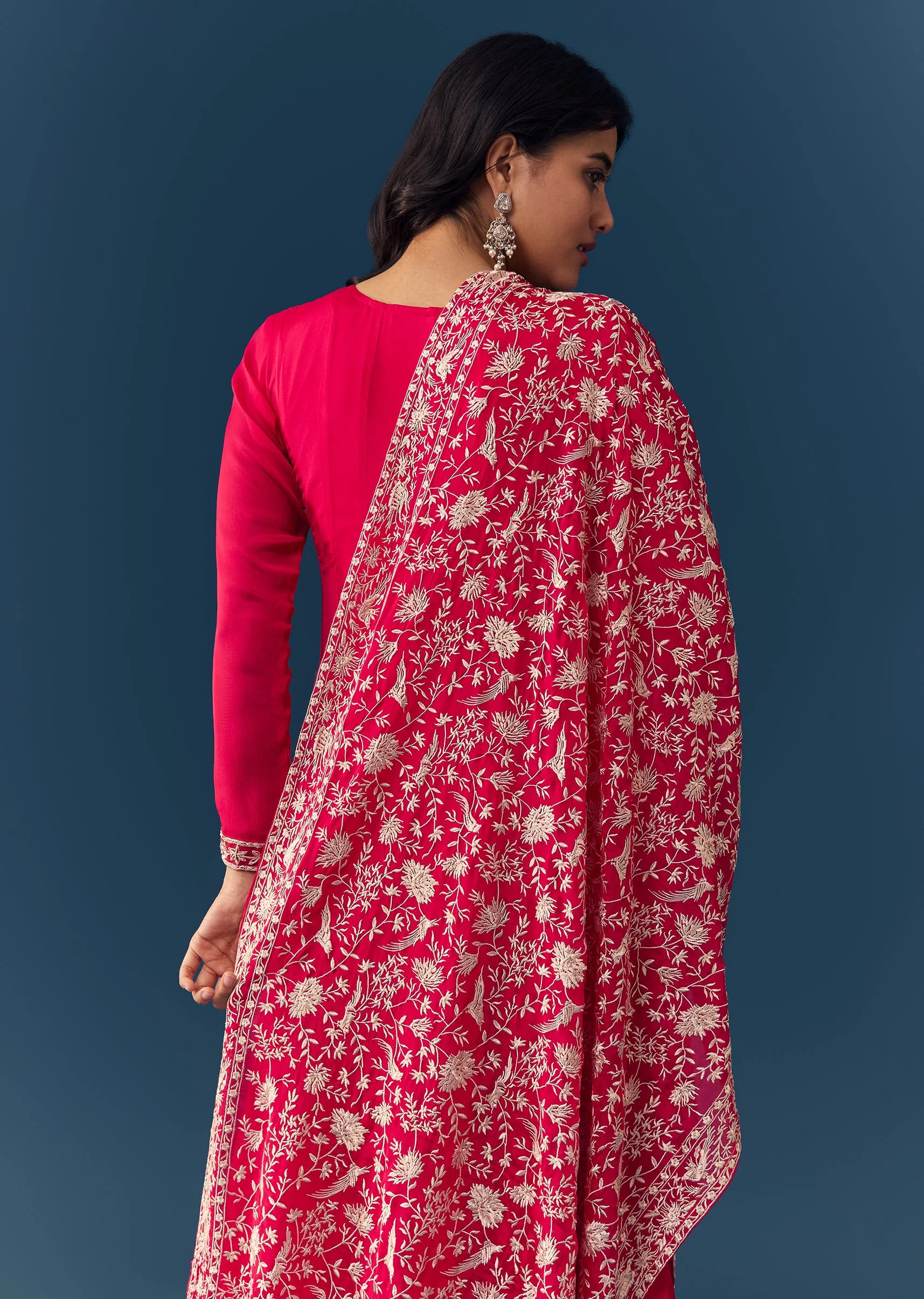 Hot Pink Thread Embroidered Anarkali with Dupatta - Image 6