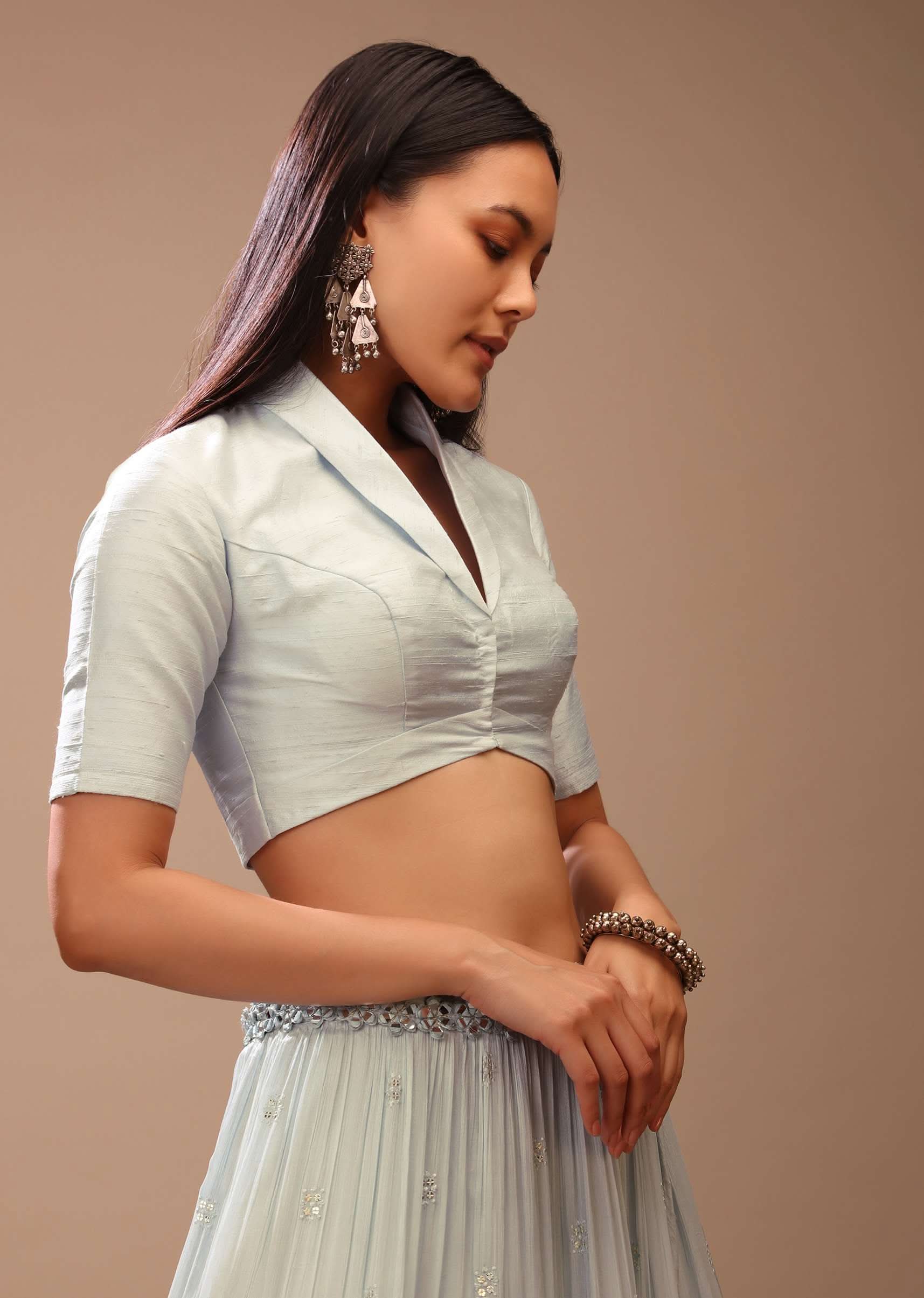 Ice Blue Blouse In Raw Silk With Collar Neckline, Front Hook Closure And Half Sleeves - Image 4