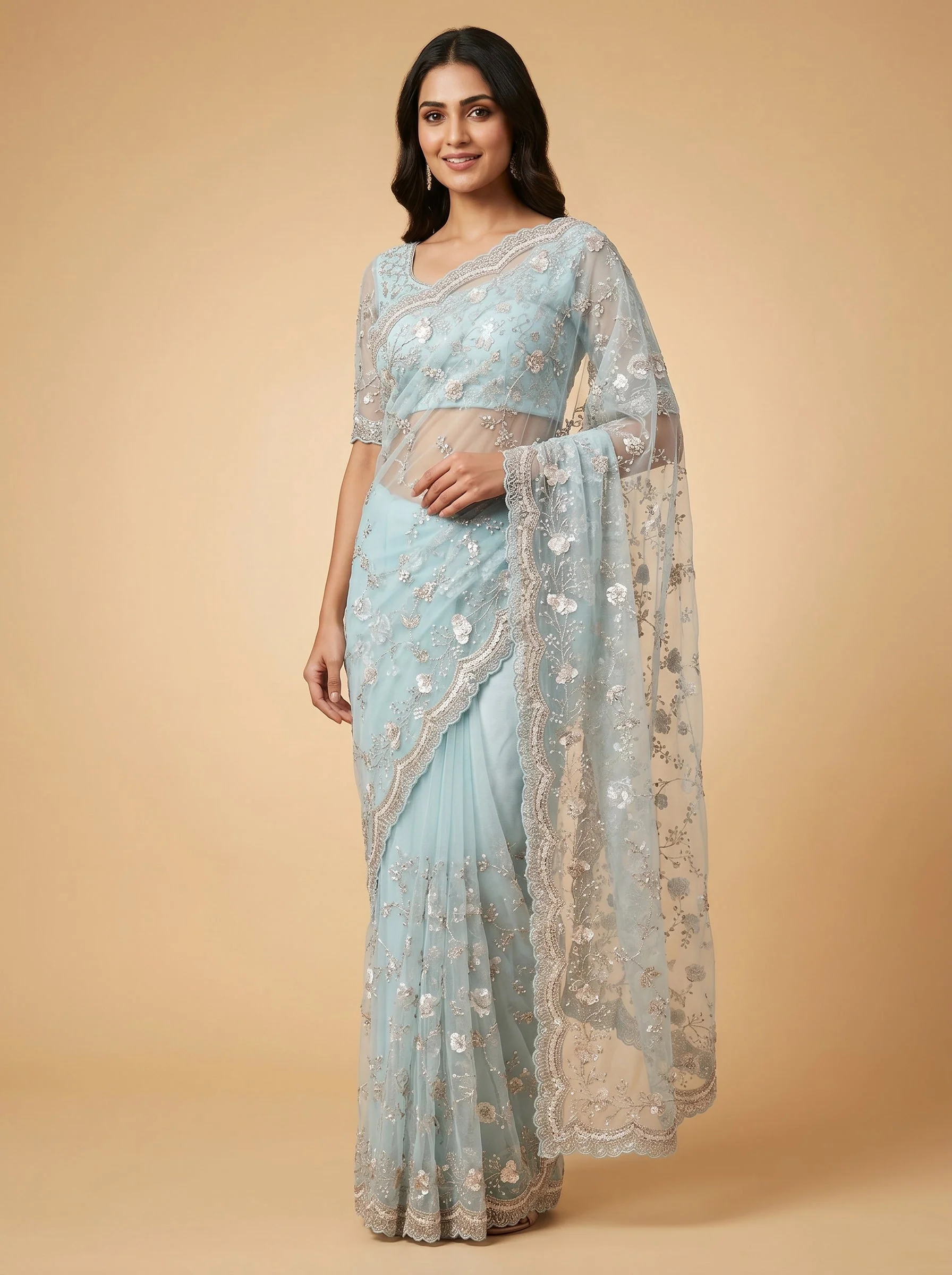 Ice Blue Frost Glow Embroidered Saree