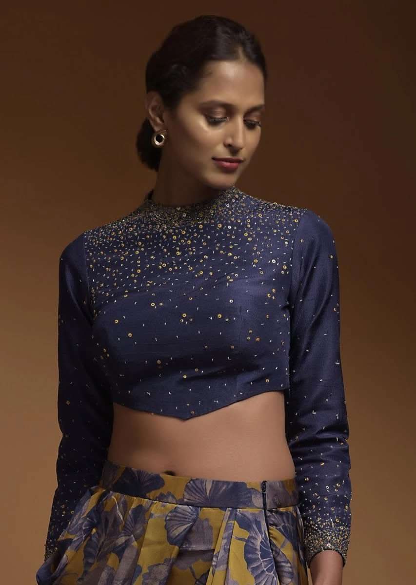 Indigo Crop Top In Silk Blend With Sequins And Beads Work In Gradient Pattern And Full Sleeves - Image 18