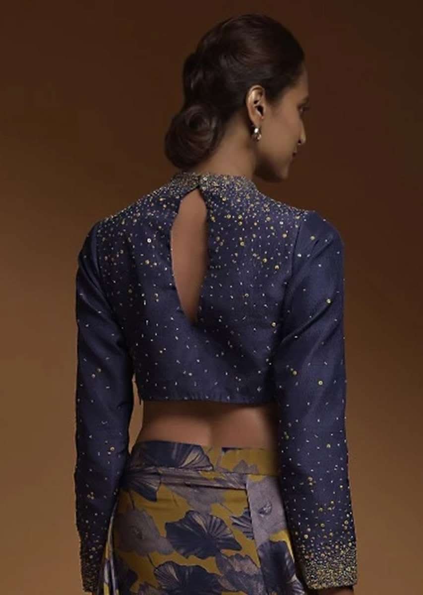 Indigo Crop Top In Silk Blend With Sequins And Beads Work In Gradient Pattern And Full Sleeves - Image 3
