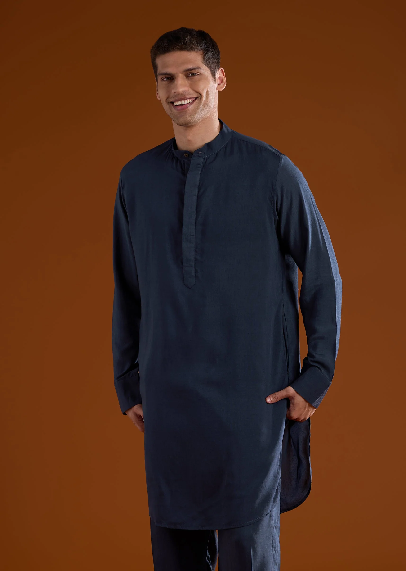 Indigo Modal Mens Kurta Jacket Set With Handblock Ajrakh - Image 6