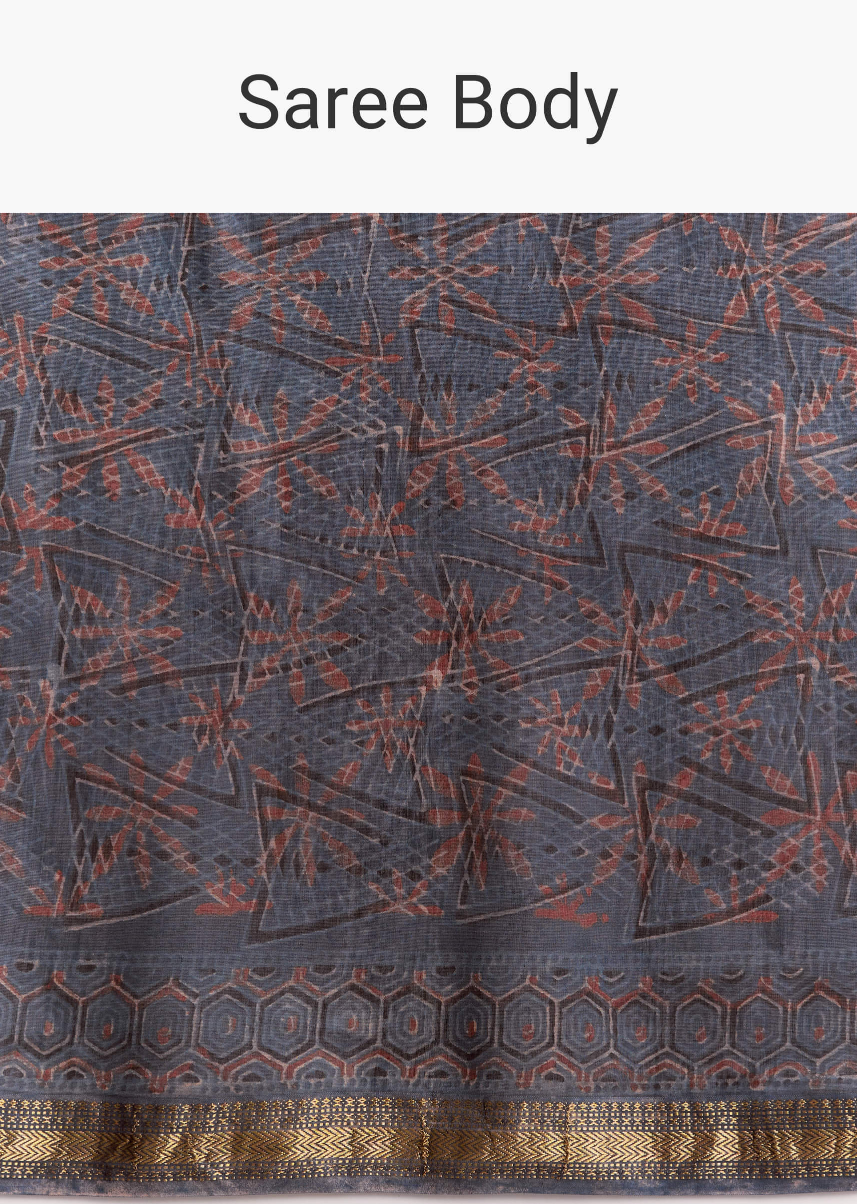 Ink Blue Linen Printed Saree With Hand Block Ajrakh Leaf Print - Image 9