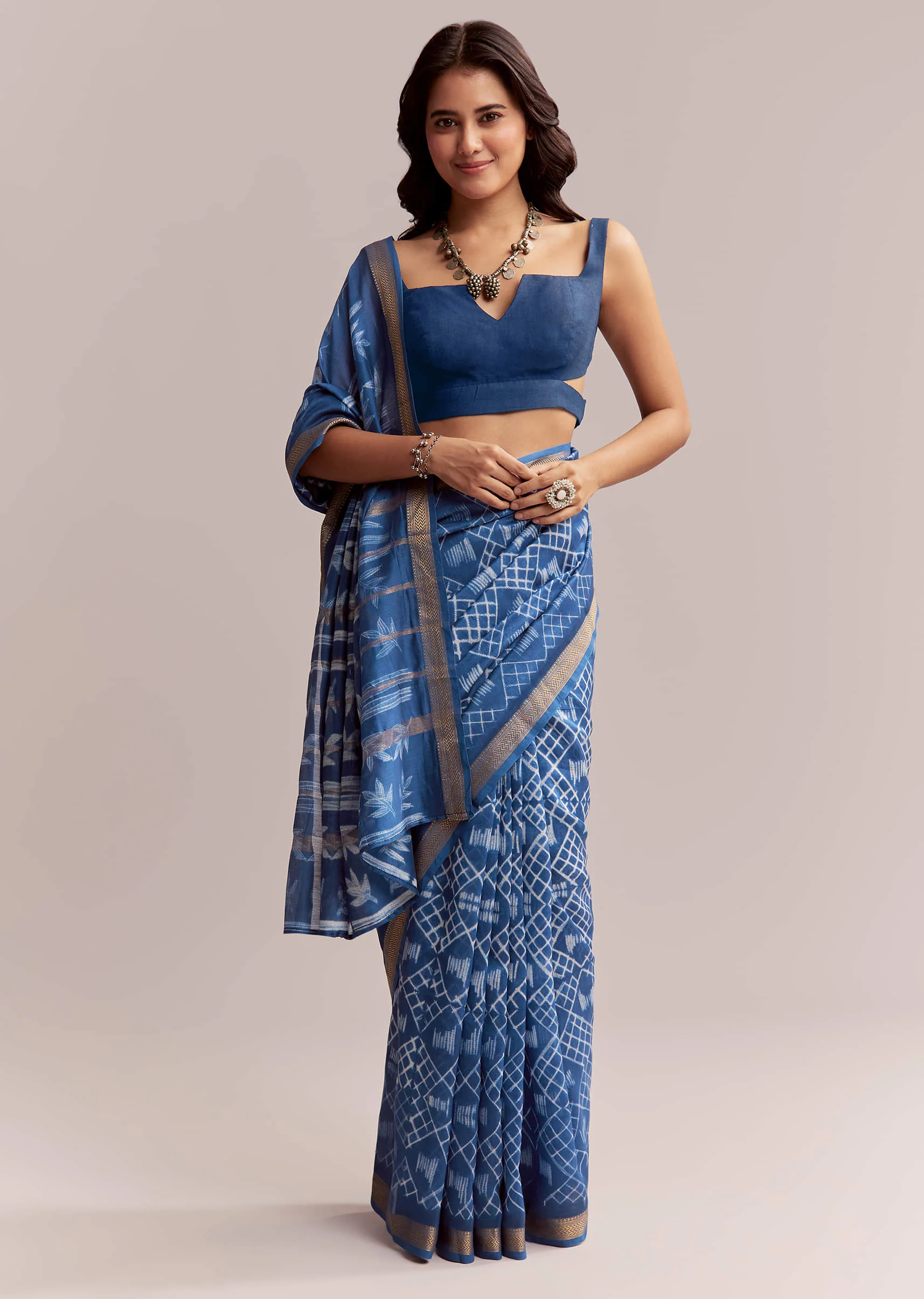 Ink Blue Linen Printed Saree With Heritage Shibori Print