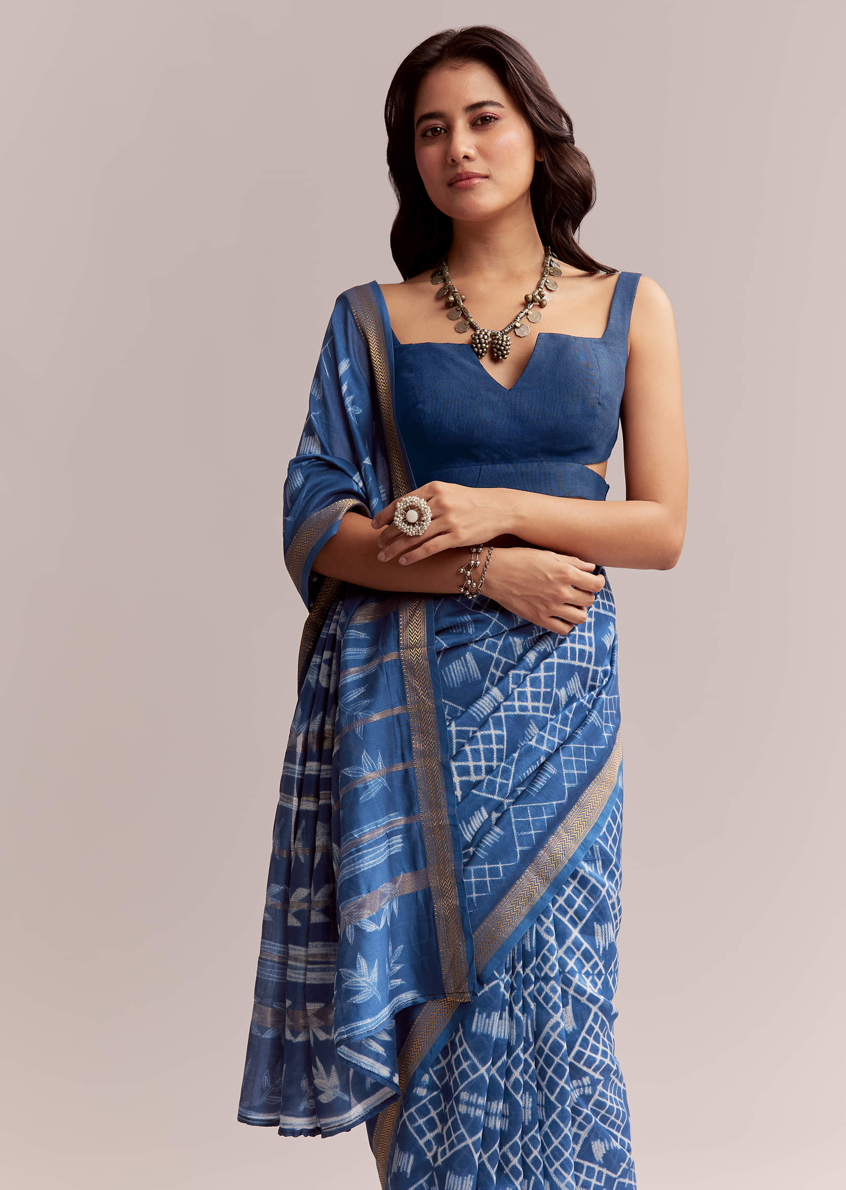 Ink Blue Linen Printed Saree With Heritage Shibori Print - Image 5