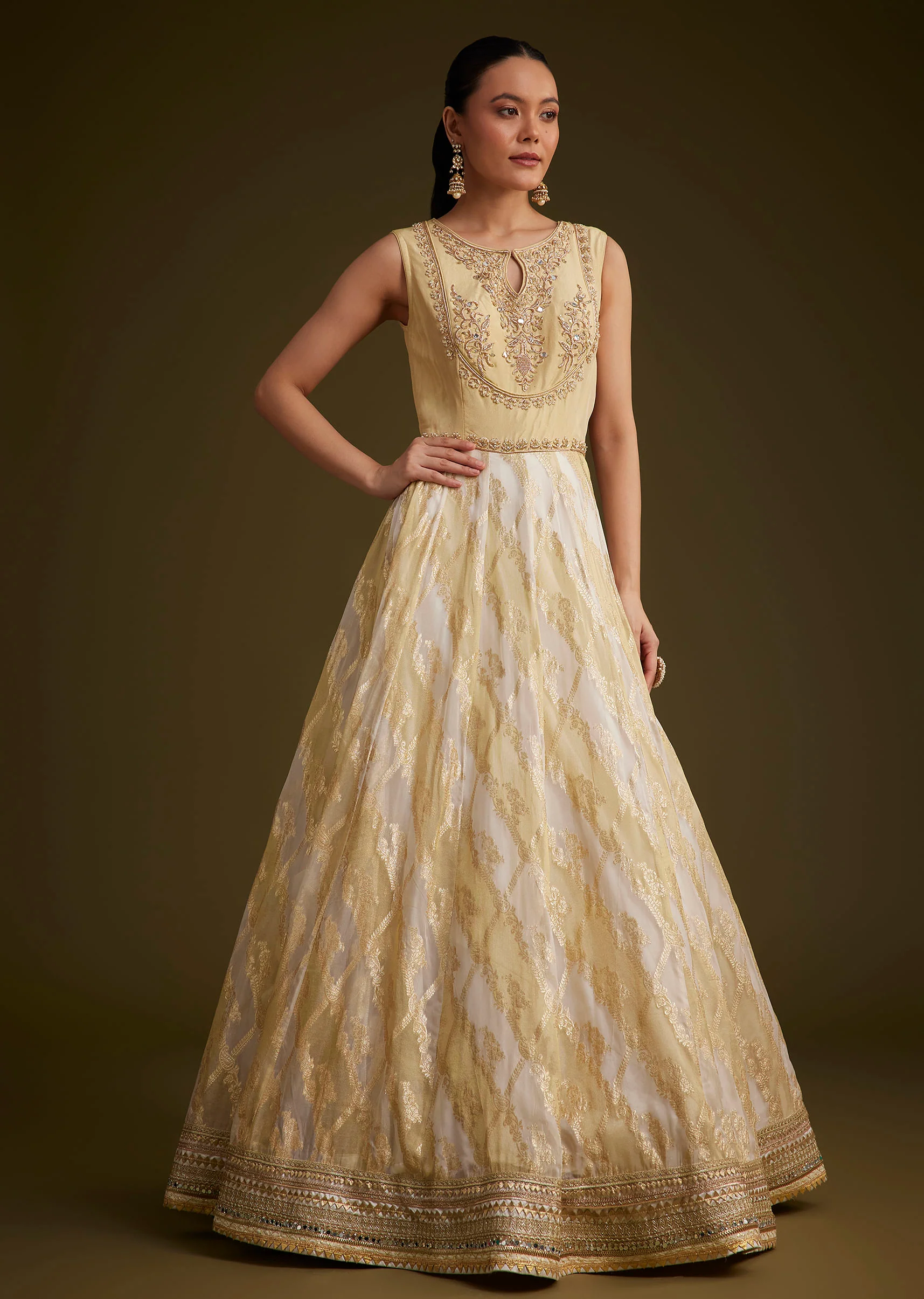 Ivory And Gold Banarasi Silk Anarkali With Embroidered Jacket And Dupatta - Image 6