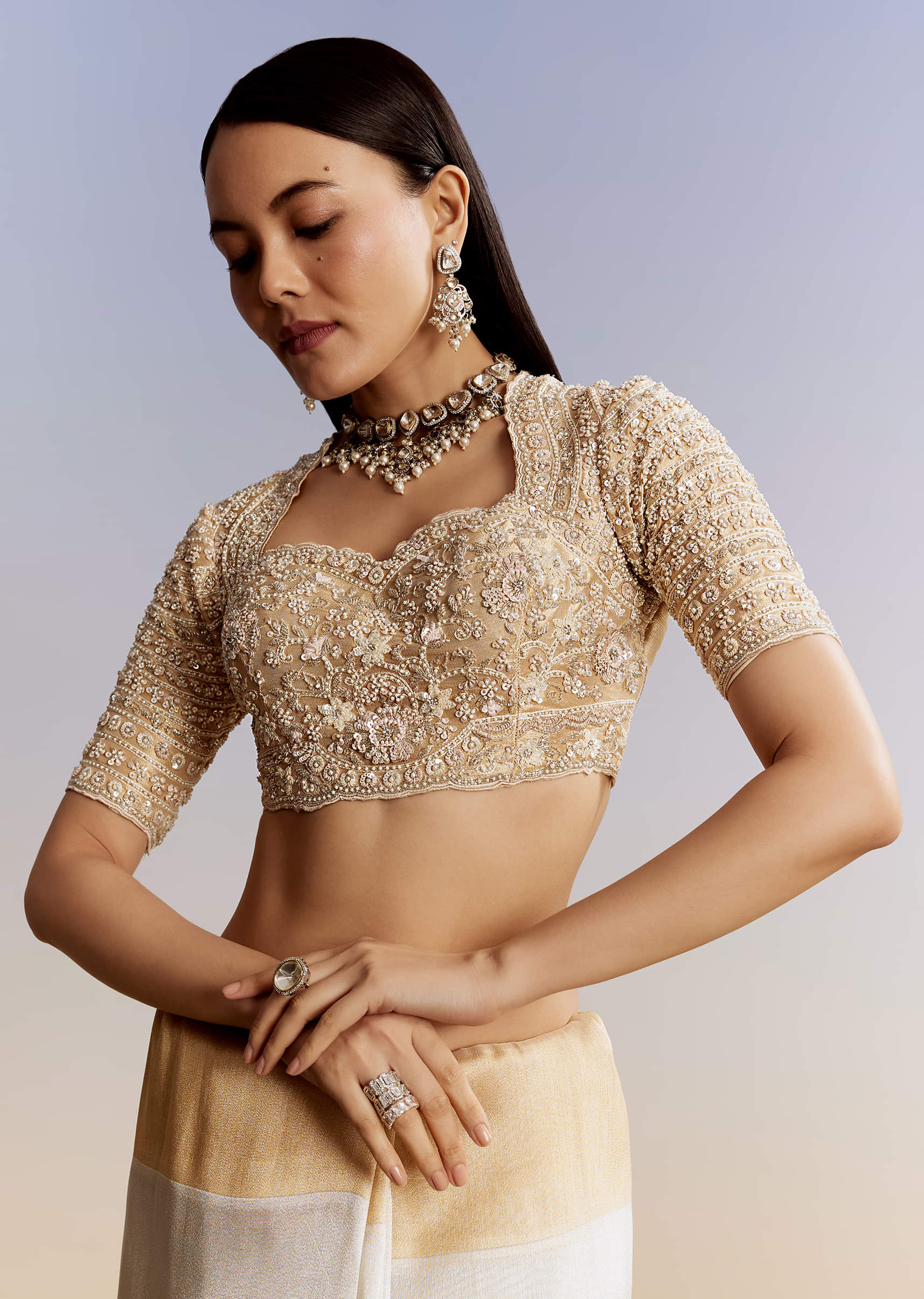 Ivory And Golden Kora Silk Saree With Heavy Zardosi Work - Image 7