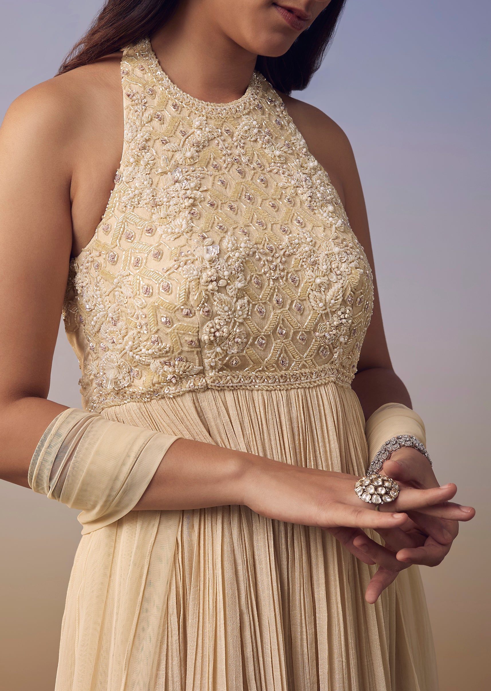 Ivory Backless Anarkali with Dupatta - Image 2