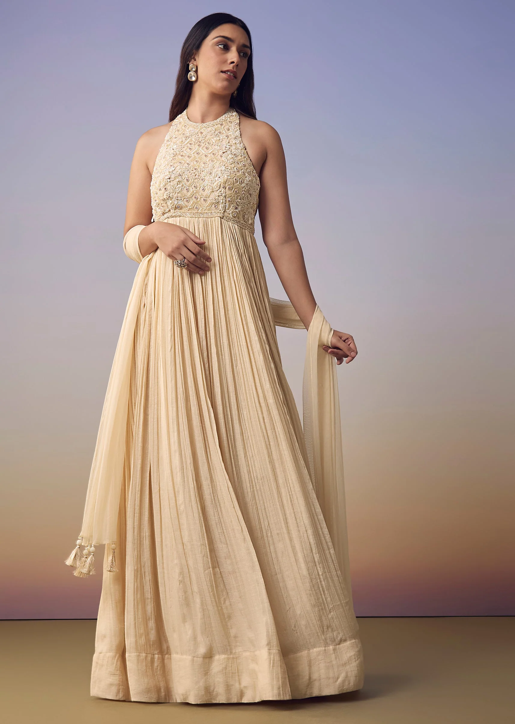 Ivory Backless Anarkali with Dupatta - Image 3