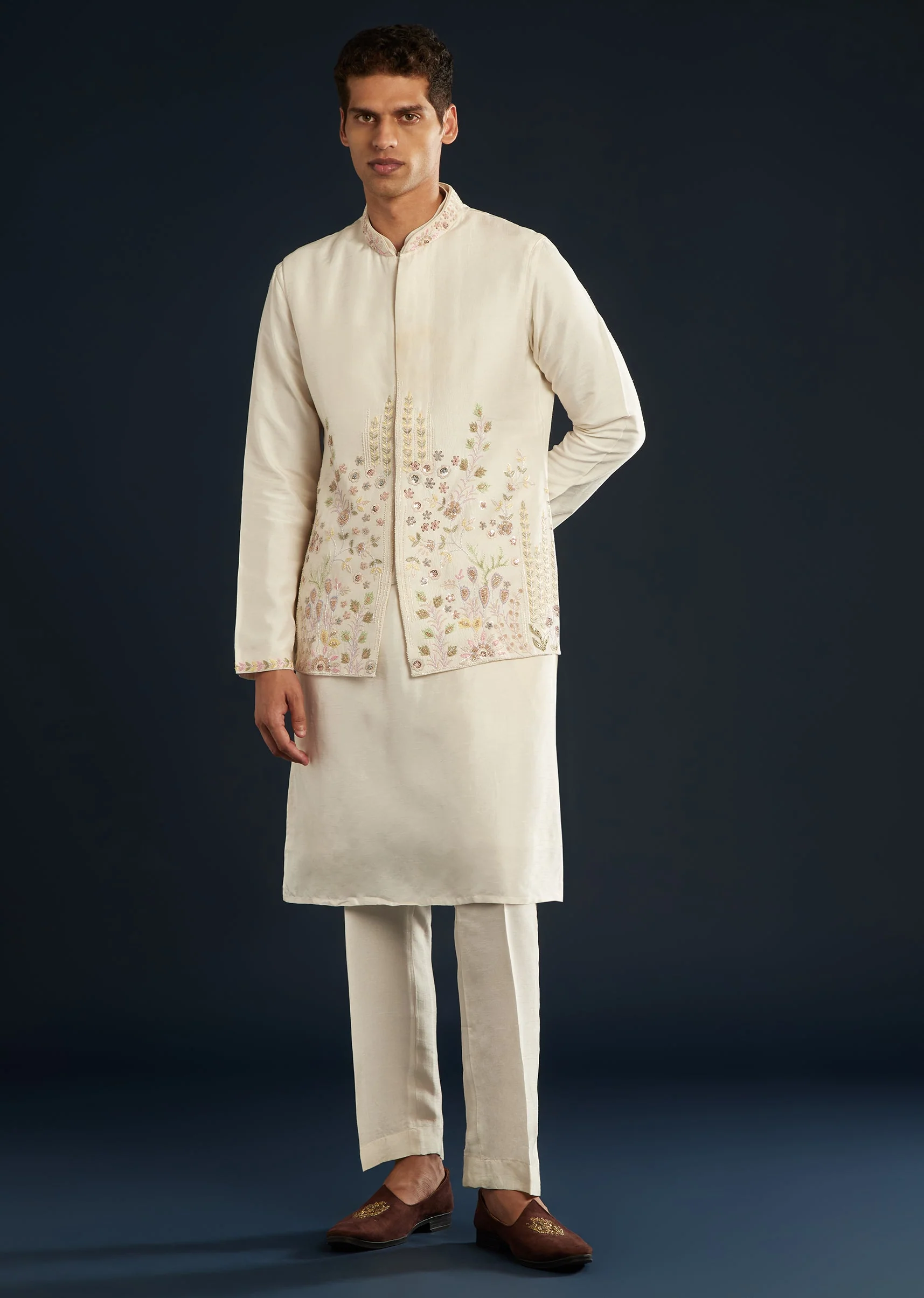 Ivory Banarasi Silk Jacket Kurta Set With Zardozi Work - Image 3
