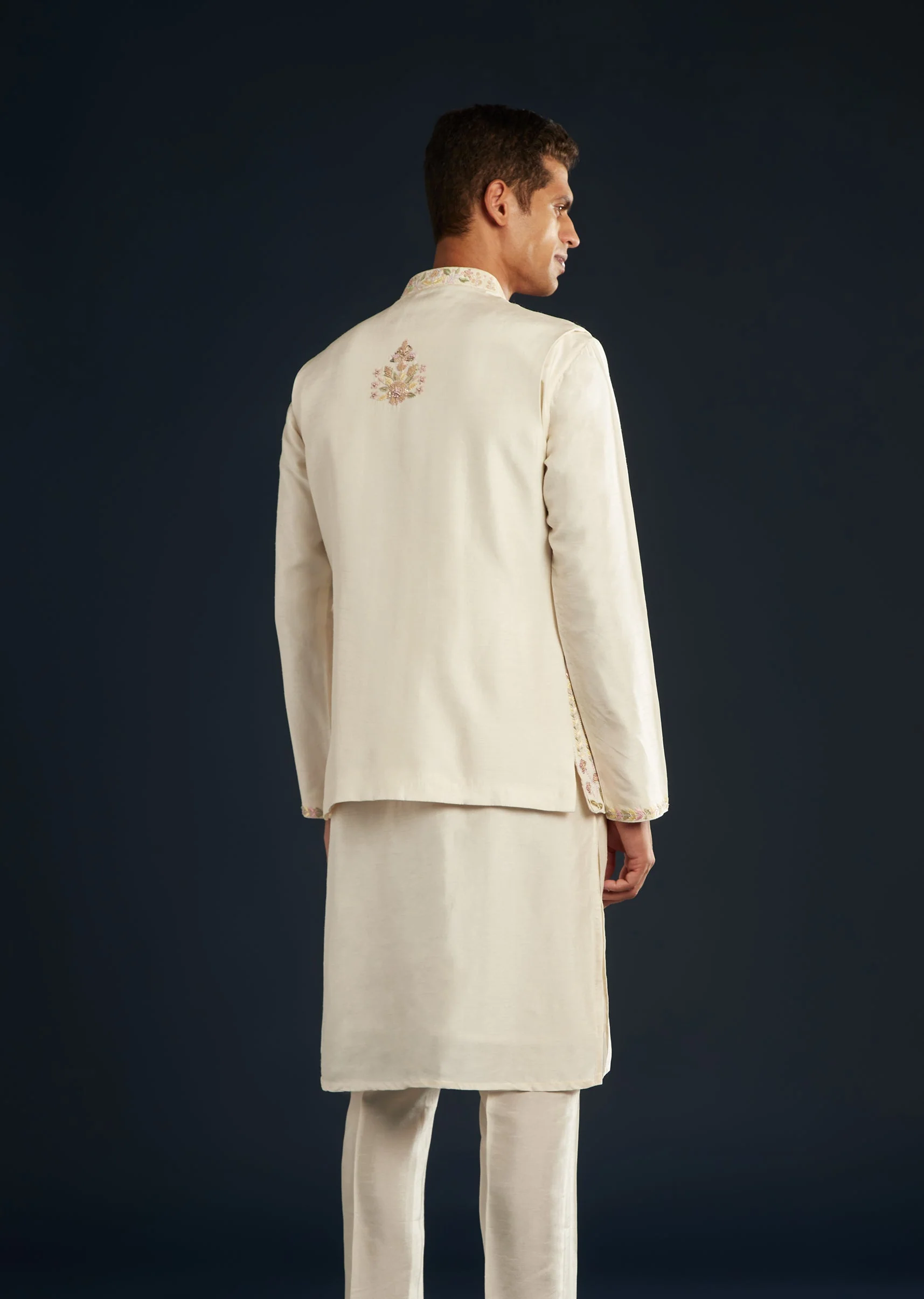 Ivory Banarasi Silk Jacket Kurta Set With Zardozi Work - Image 5
