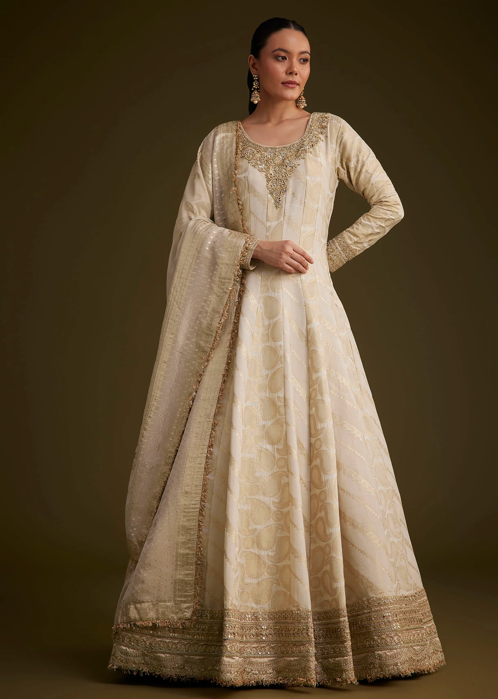Ivory Banarasi Tissue Anarkali With Gotta Work - Image 3
