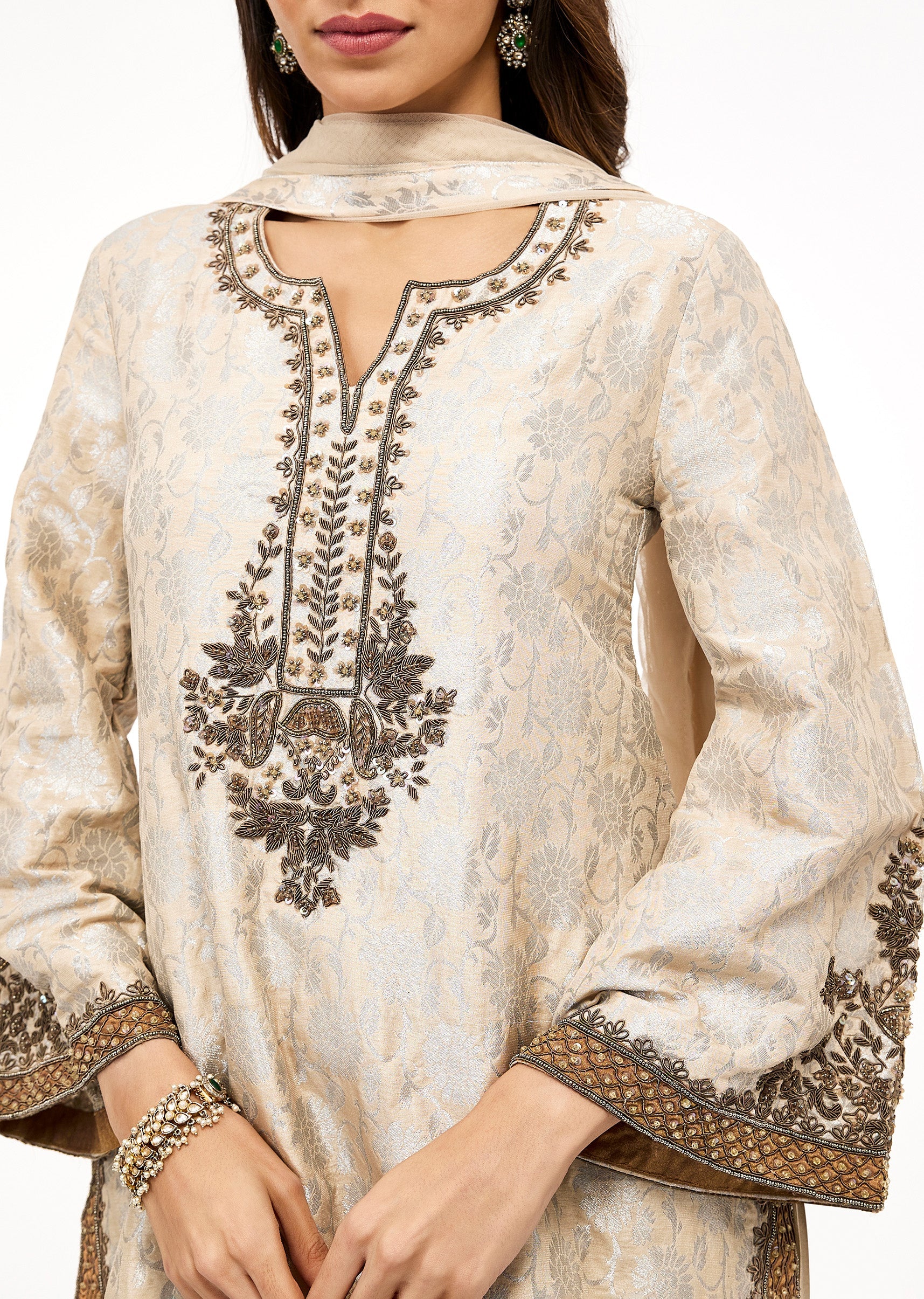 Ivory Brocade Embroidered Sharara Set With Zardosi Work - Image 2