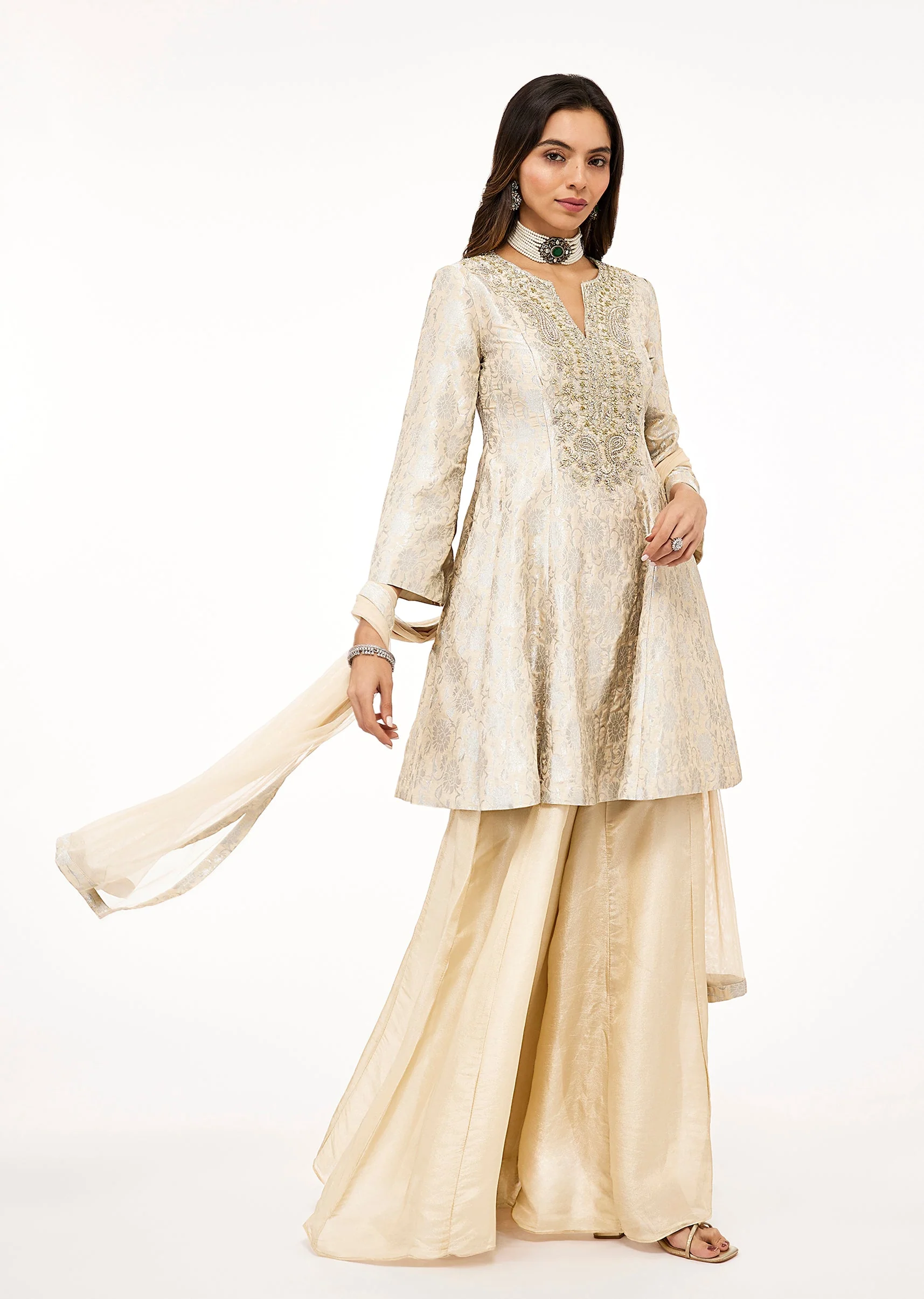 Ivory Brocade With Embroidered Neck Work Peplum Palazzo Dupatta Set